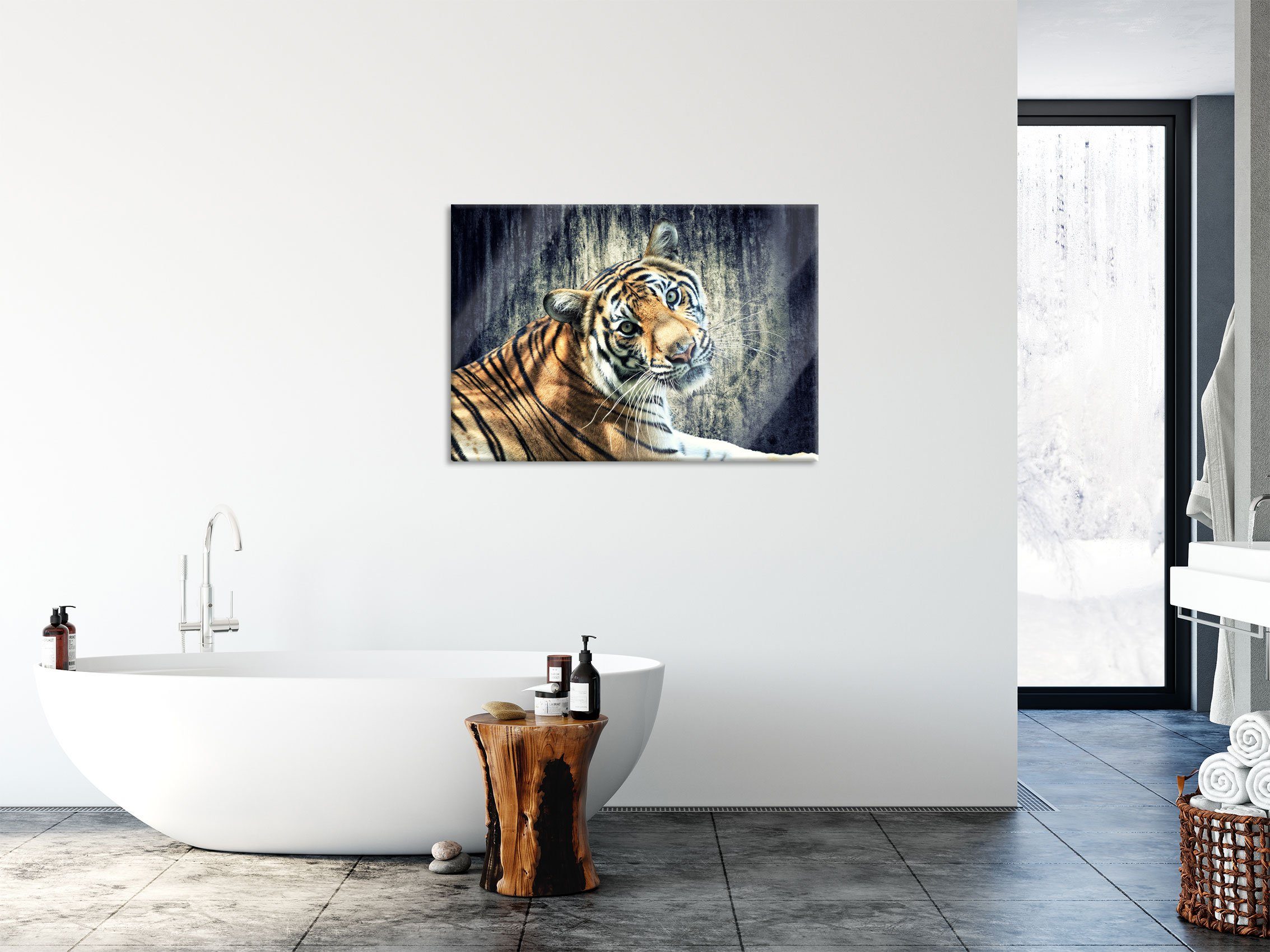 Pixxprint Glasbild Neugieriger Tiger, Echtglas, Abstandshalter aus Glasbild St), inkl. Aufhängungen Tiger und (1 Neugieriger