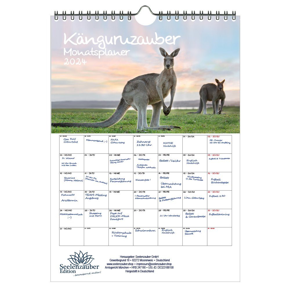 Seelenzauber Wandkalender Känguruzauber Planer DIN A4 Kalender für 2024 Känguru - Seelenzauber