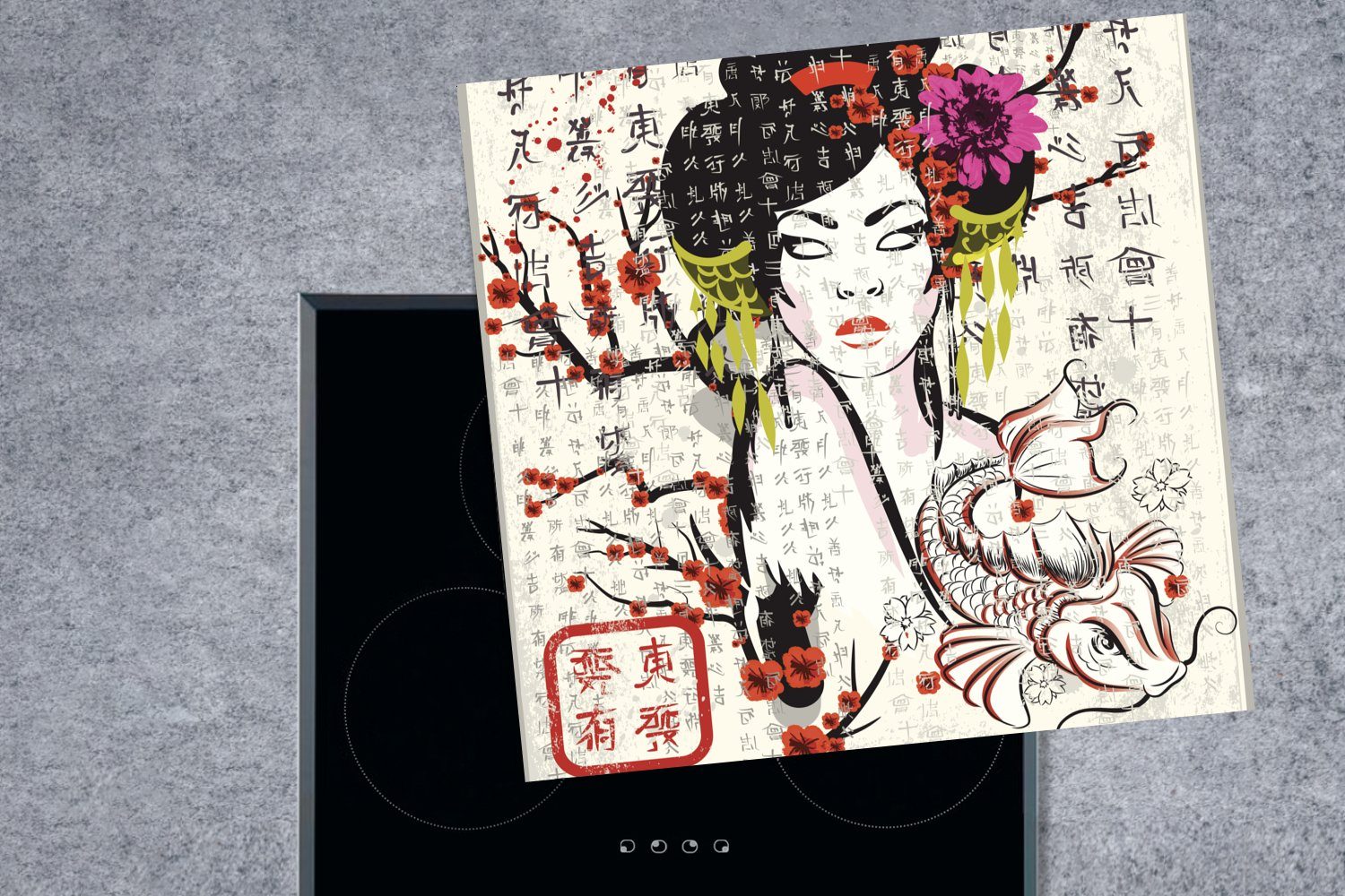 MuchoWow Ceranfeldabdeckung, für Illustration Frau, Arbeitsplatte Japanische cm, traditionelle Vinyl, Herdblende-/Abdeckplatte tlg), (1 78x78 küche