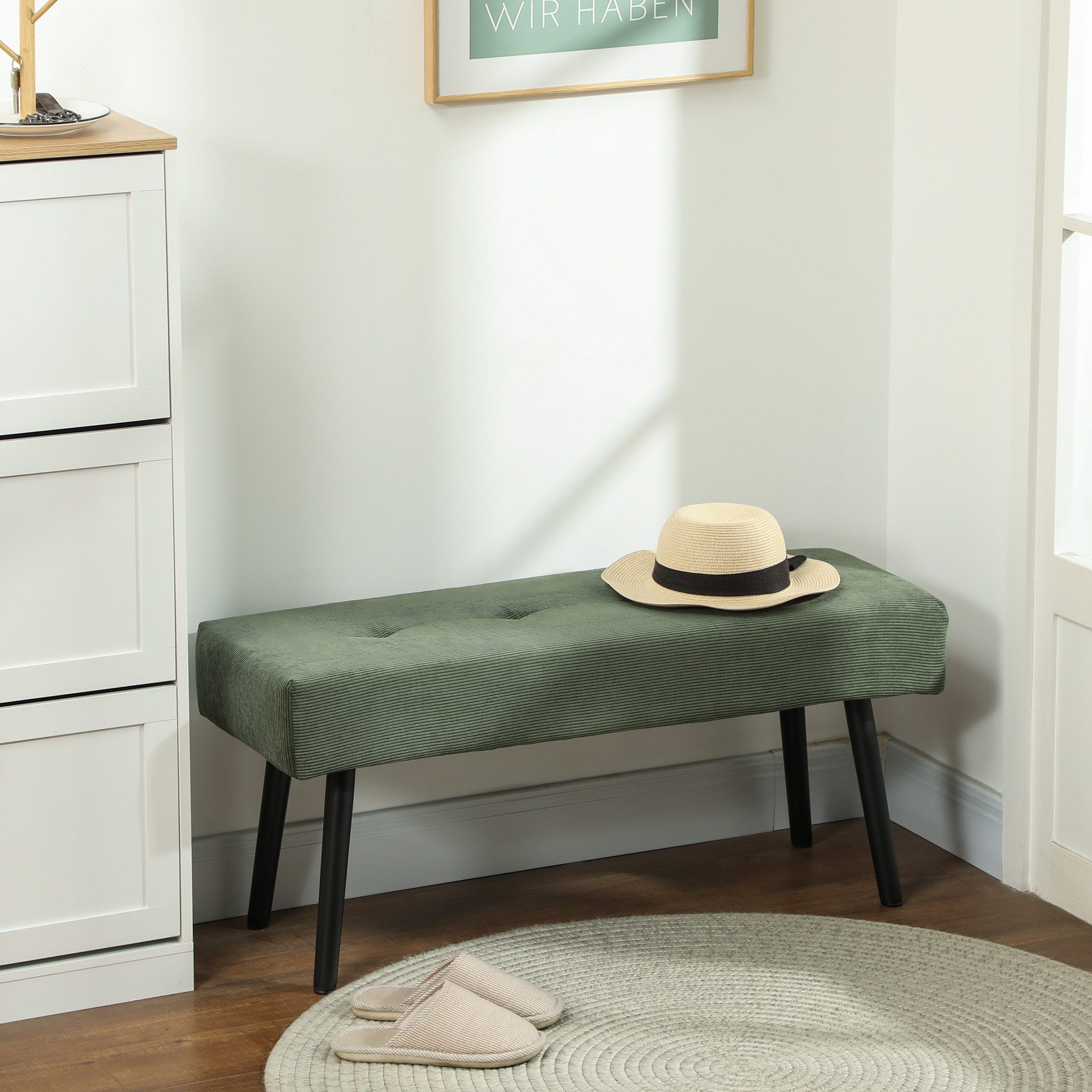 HOMCOM Polsterbank Sitzbank mit Cordbezug, Metallbeinen, Flurmöbel, 220 kg belastbar (Schuhbank, 1-St., getuftete Bettbank), für Schlafzimmer, Wohnzimmer, Flur 100 x 36 x 45 cm Grün