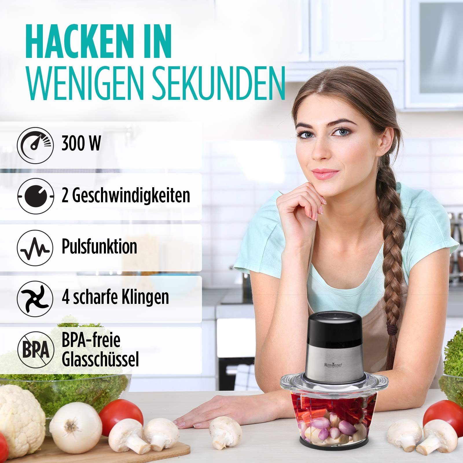 ROSMARINO Zerkleinerer Universalzerkleinerer 300W Leistungsstark &Vielseitig Glasbehälte, 300,00 W