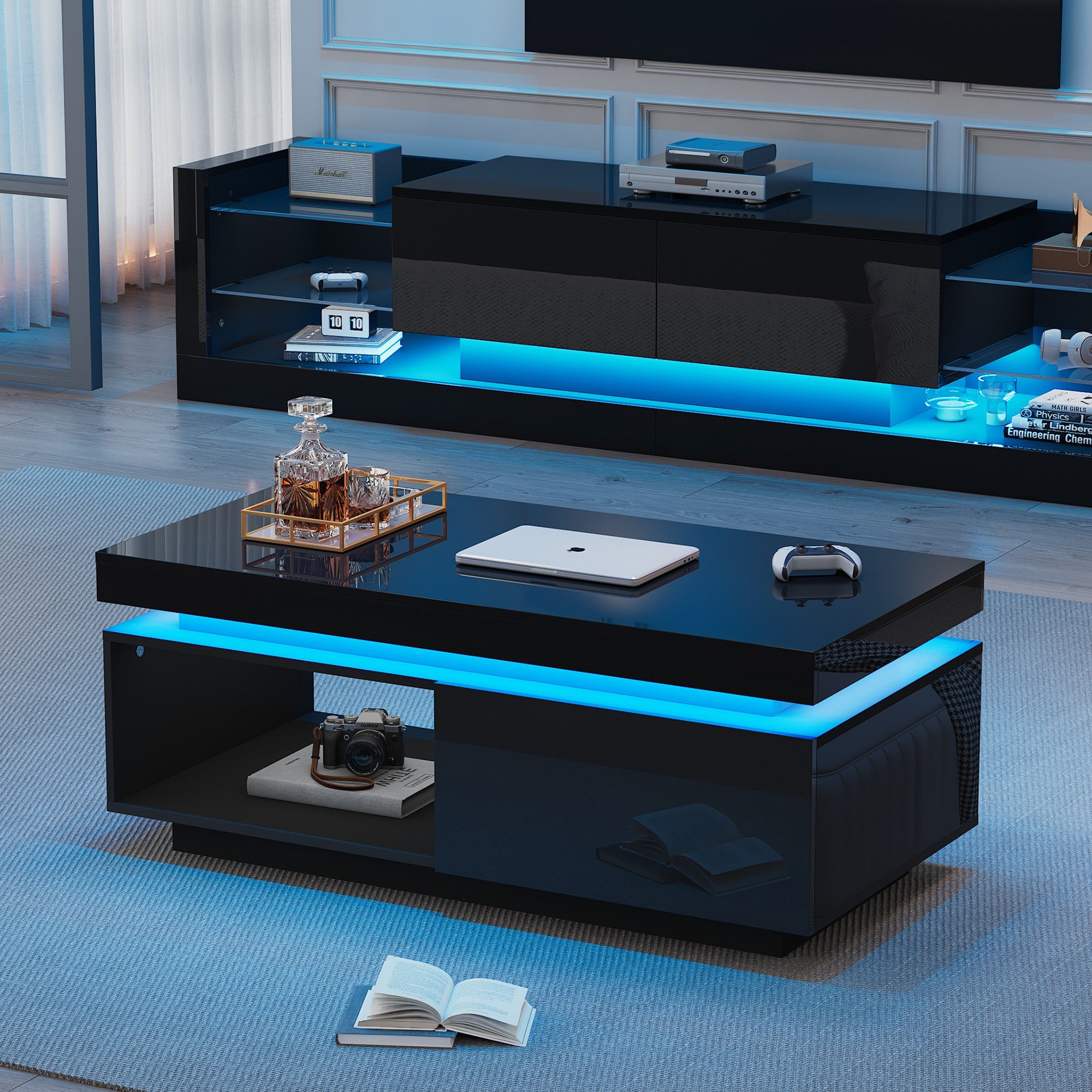 MODFU Wohnzimmer-Set Hochglanz TV-Schrank + Couchtisch, (Wohnzimmer-Wand-Set, 2-St., 100x50x40cm Couchtisch, 181*38*38cm TV-Schrank), mit LED-Beleuchtung
