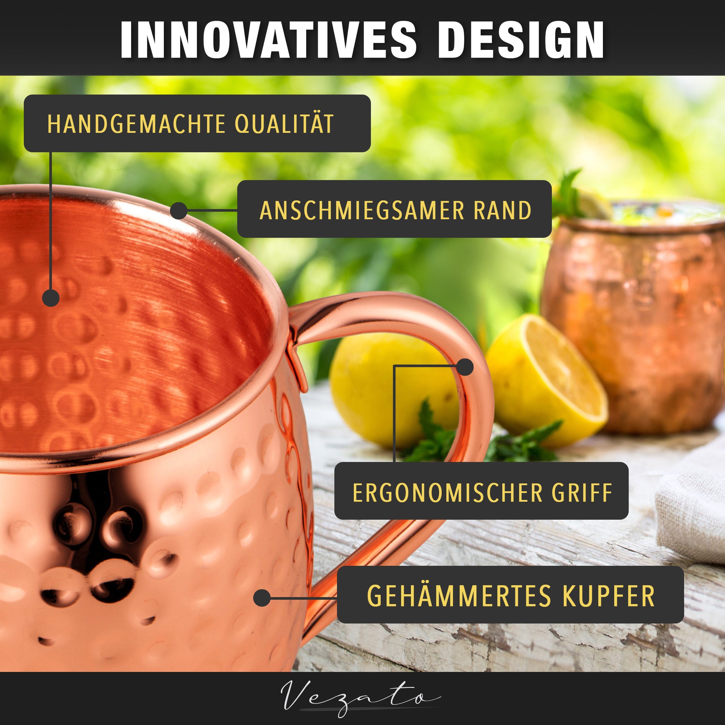 Vezato Cocktailglas 4 Moscow-Mule-Becher [500ml] – 4er Set Kupferbecher gehämmert -, Mit Strohhalmen, handgefertigt, rostfrei, für Cocktails
