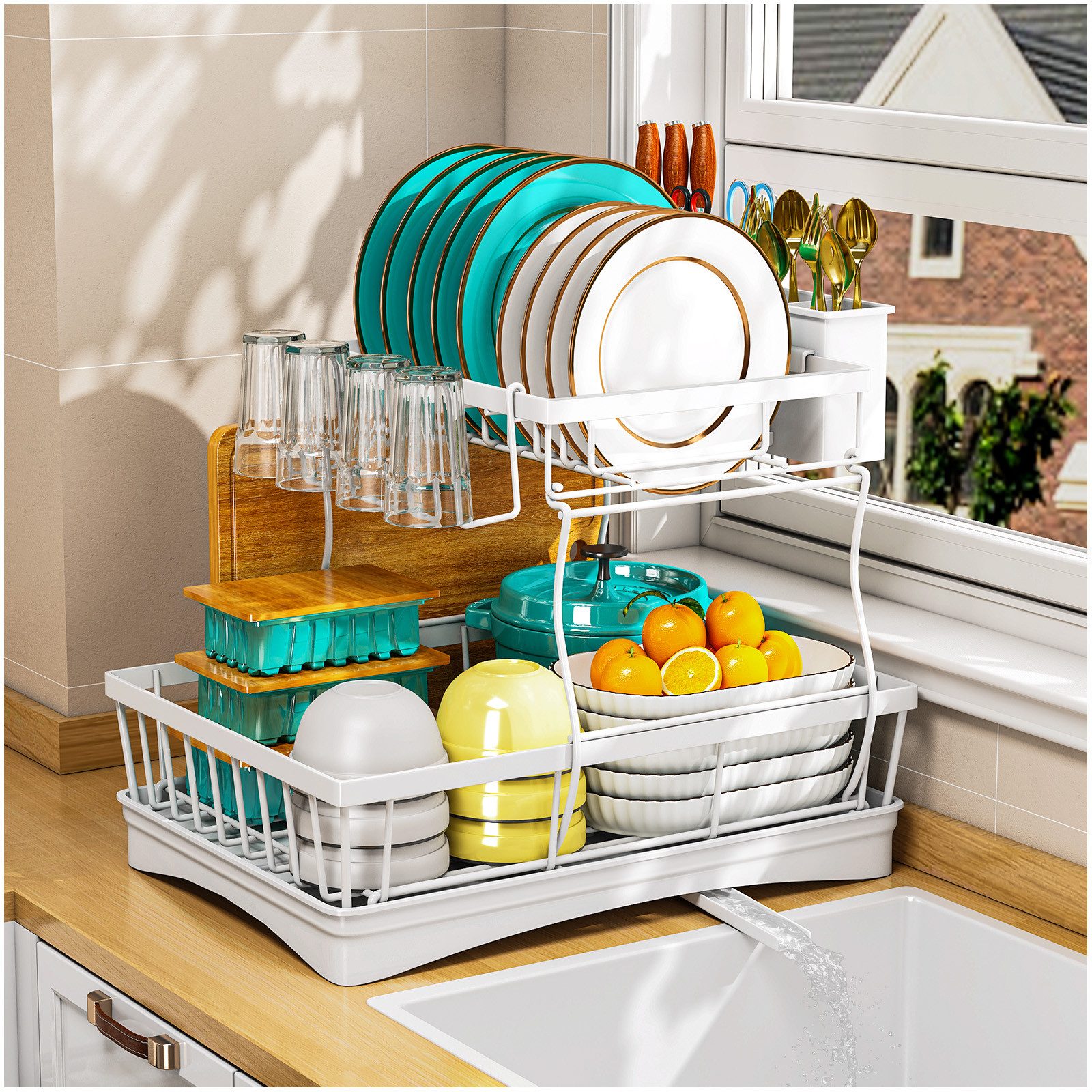 POPOLIC Geschirrständer Geschirrständer mit Utensilienhalter für Küchentheke, Zubehör für Geschirrständer mit Utensilienhalter für Küchentheke, Platzsparendes Abtropfgestell mit Abtropffläche