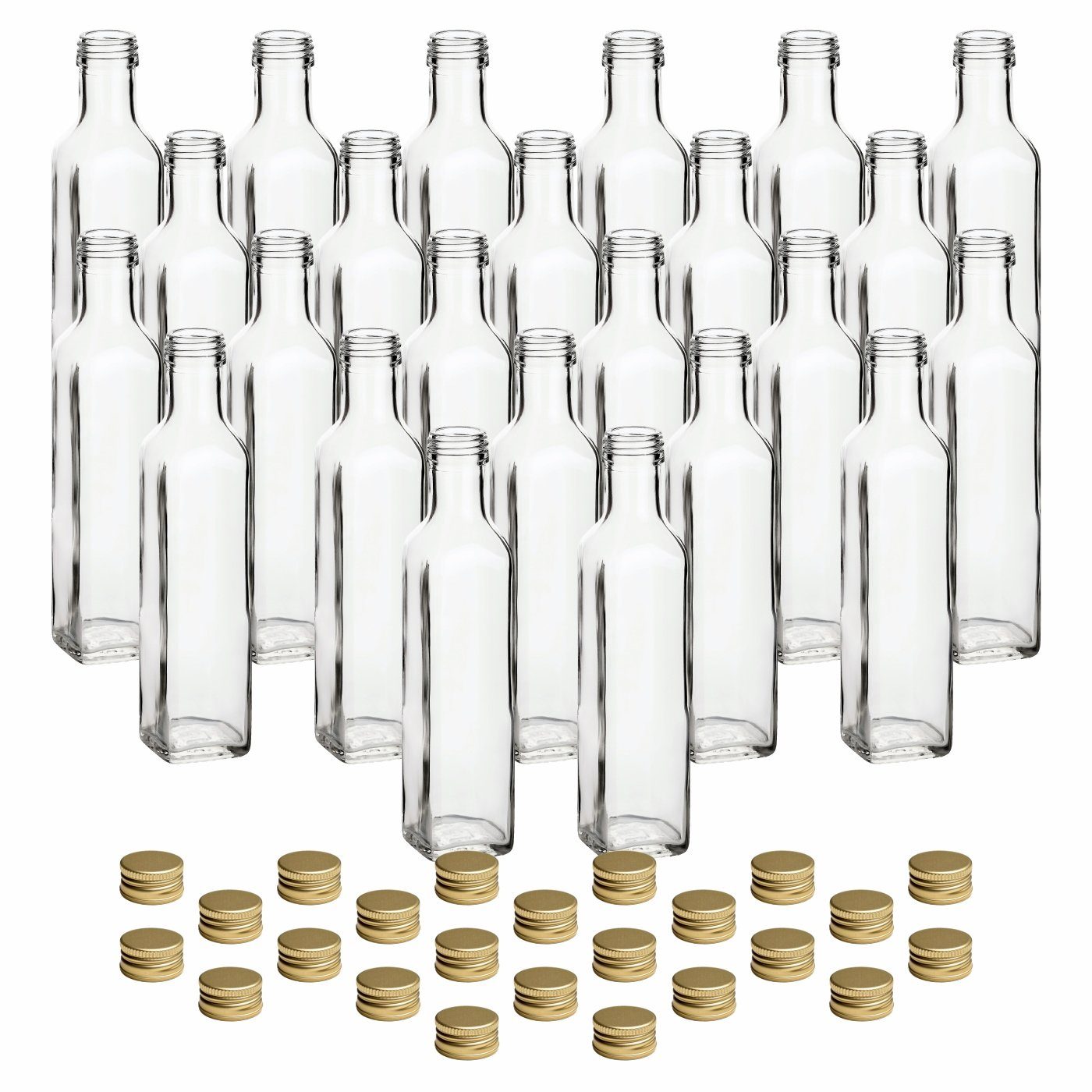 gouveo Trinkflasche Glasflaschen 250 ml Maraska mit Schraub-Deckel - Leere Likörflasche, 24er Set, goldfarben