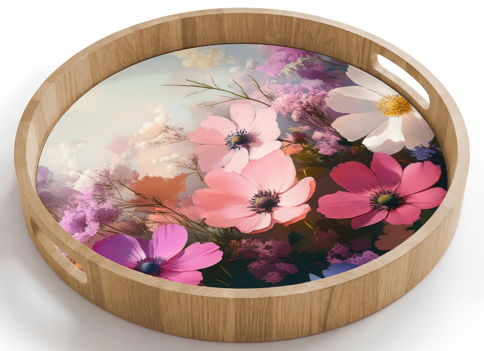 OnlyWow Tablett Rund mit Henkel Blumen - Bunt - Blühend, Eichenholz, (1-tlg), Siervierplatte, Tray, Frühstücksbrett