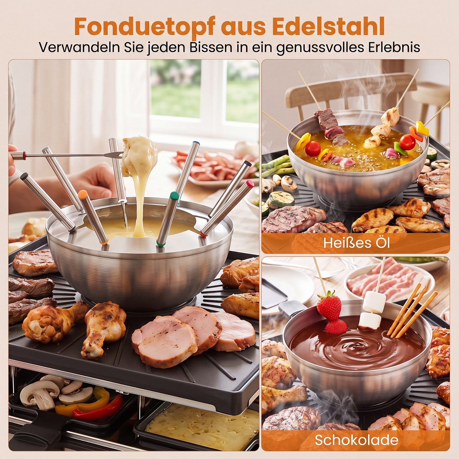 COSTWAY Raclette Grill Elektrogrill mit Fondue, 8 Raclettepfännchen, 2200 W, doppelter Thermostate, Fondue – Bild 3 von 5