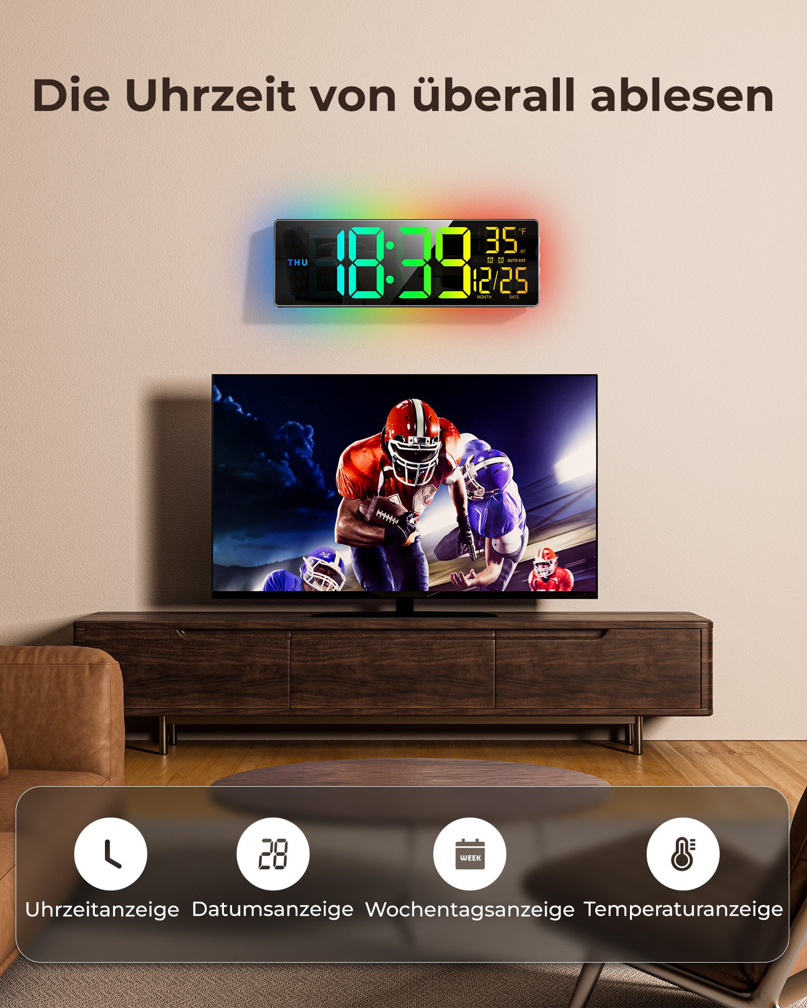 EASYERA Wanduhr 16,5 Zoll RGB Digitale Wanduhr Extra großes LED-Display mit Bluetooth (11 RGB-Modi, Fernbedienung, Dual-Alarm, Auto DST)