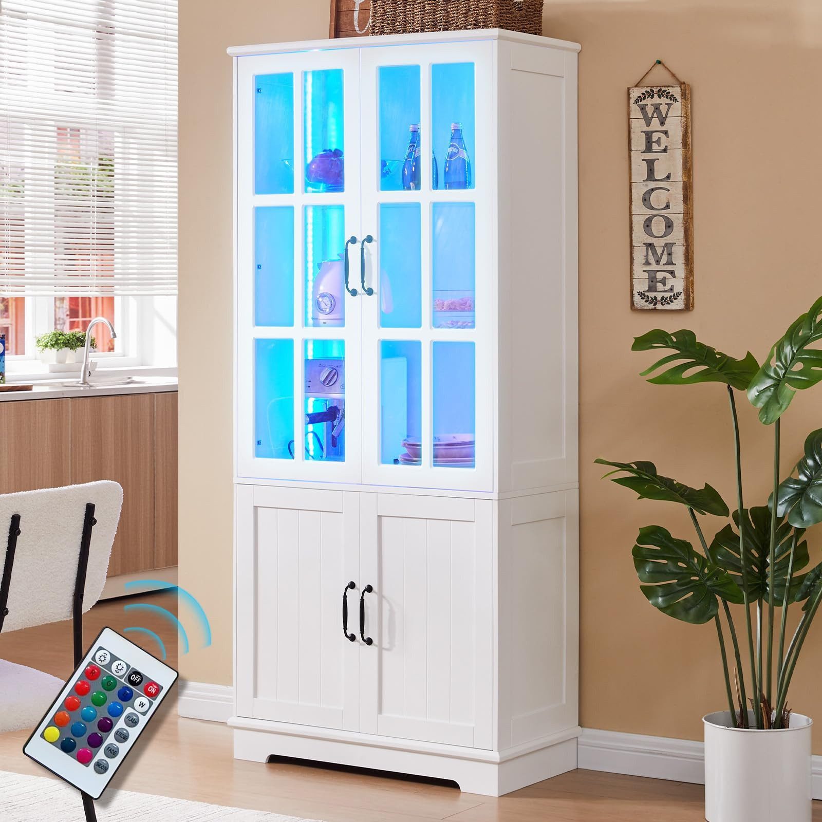 AMERLIFE Vitrine mit LED Beleuchtung, 4 Türen, 5 Einlegeböden, Retro-Griffe (1-St) Vitrinenschrank, Glasvitrine, Standvitrine 80x40x180 cm, Weiß