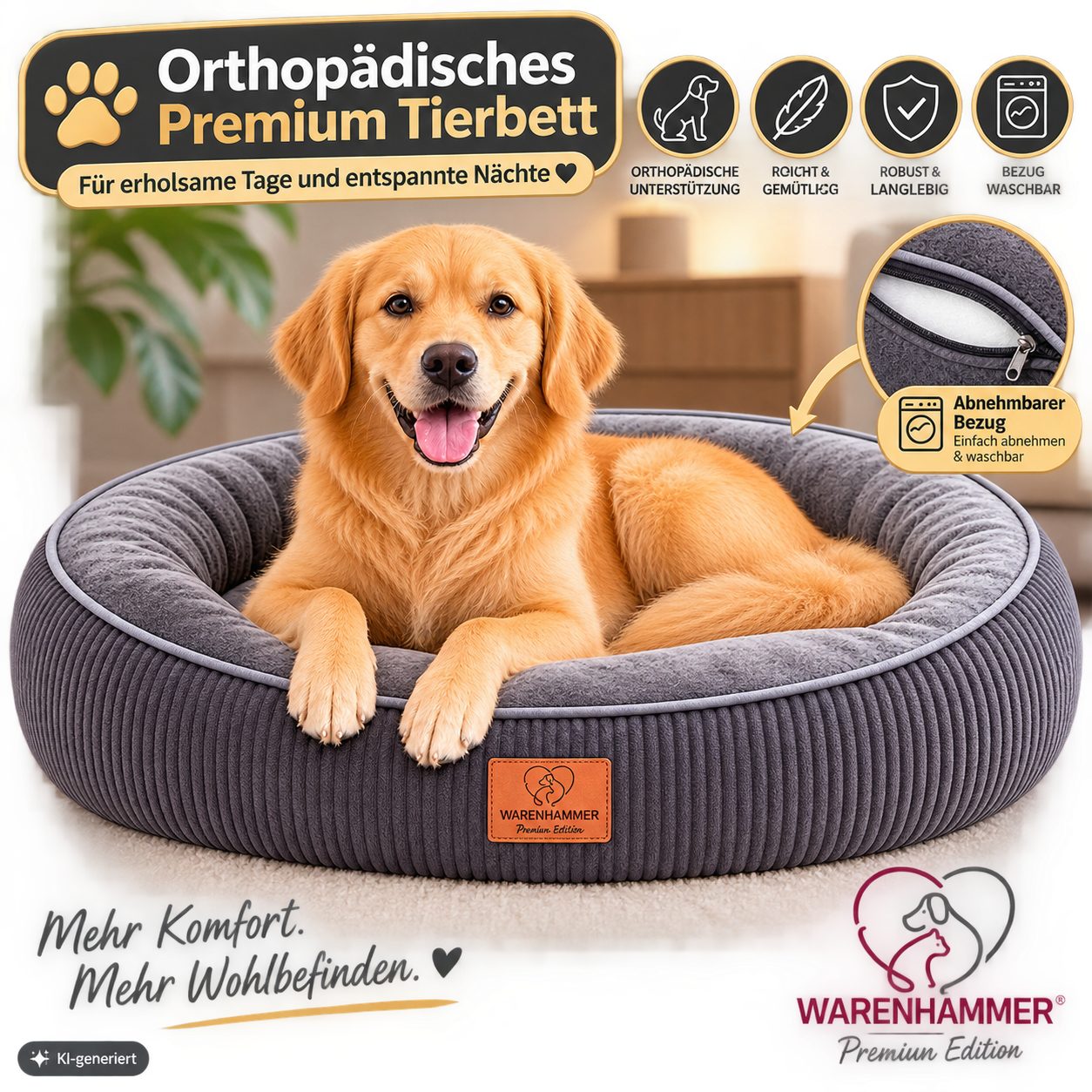 Warenhammer Hundebett Orthopädisches Premium Hundebett, flauschig weich, abnehmbar/waschbar, gepolsterter Rand ca. 15-17 cm hoch, weiches Flanell / herausnehmbare Innenmatratze