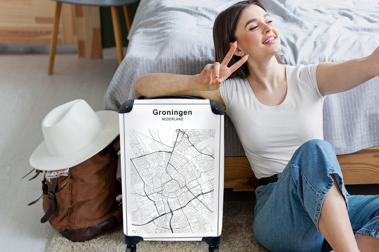 MuchoWow Ferien, weiß Reisetasche und rollen, Stadtplan Groningen, 4 Handgepäckkoffer Reisekoffer Handgepäck Schwarz Trolley, Rollen, - - für mit