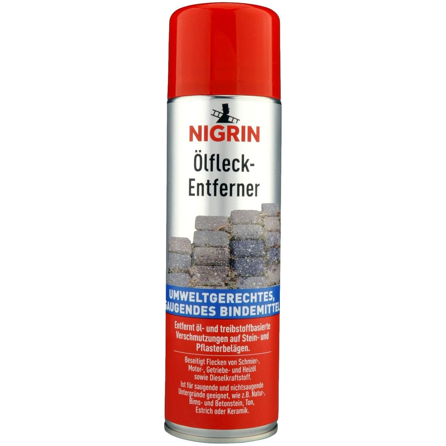 NIGRIN Ölfleck-Entferner 500ml Spray Öl Fleckentferner Steinbodenreiniger (1x Spraydose Bindemittel Ölfleckentferner Öl Ex Pflaster Fliesen Beton Naturstein)
