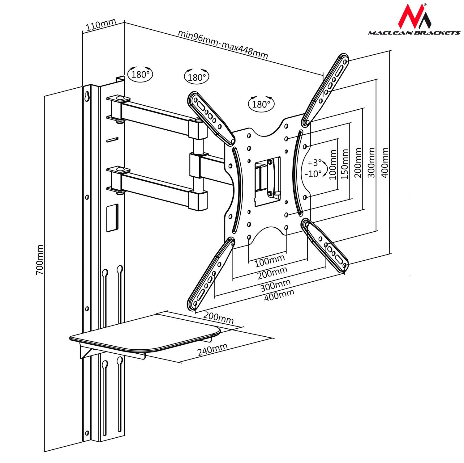 Maclean TV-Wandhalterung MC-772 mit Glas DVD Ablage 32–55 Zoll, (bis 55,00 Zoll, schwenkbar & neigbar, integrierte Kabelführung, bis 30 kg) – Bild 4 von 5