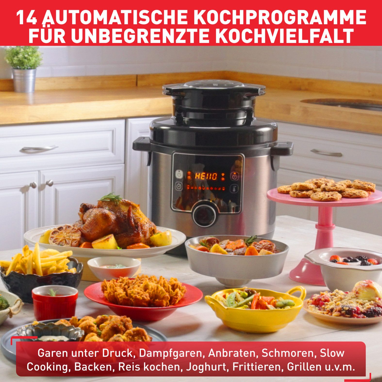 Tefal Multikocher Turbo Cuisine & Fry inkl. Extra-Crisp-Deckel, 1-Knopf-Bedienung, 1200 W, 7,6 l Schüssel, Schnellkochtopf/ Heißluftfritteuse, 15 automatische Programme, CY7788