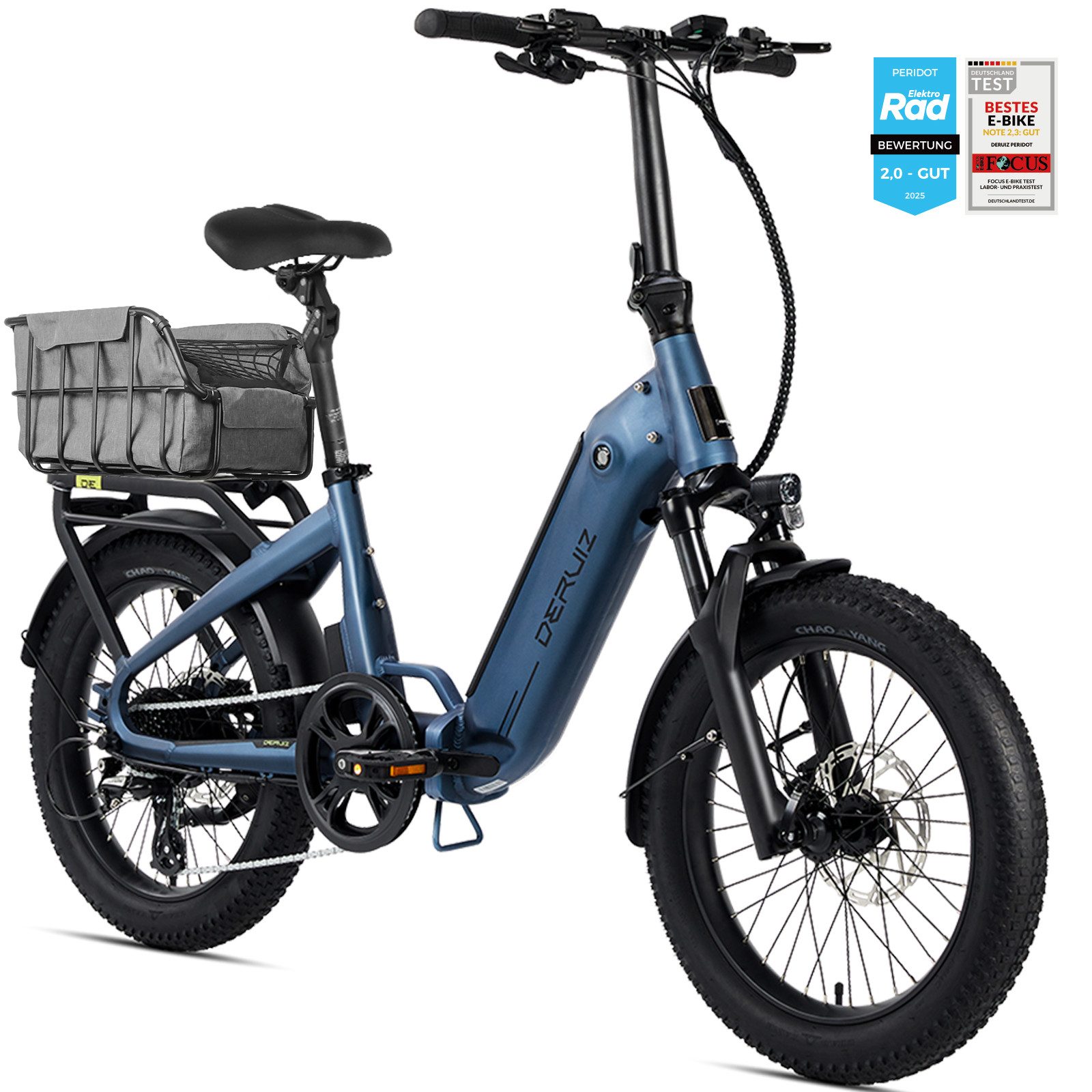 DERUIZ E-Bike Klapprad 20x3,0 Zoll, max. 140km, Federsattelstütze, mit Bluetooth, 5 Stufen, 8 Gang SHIMANO SHIMANO ALTUS 11-32T Schaltwerk, Kettenschaltung, Heckmotor, 500 Wh, (mit Akku-Ladegerät, mit Werkzeug), RH:36cm, Bremslicht, Gepäckträger (max.50kg), hydraulische Bremsen