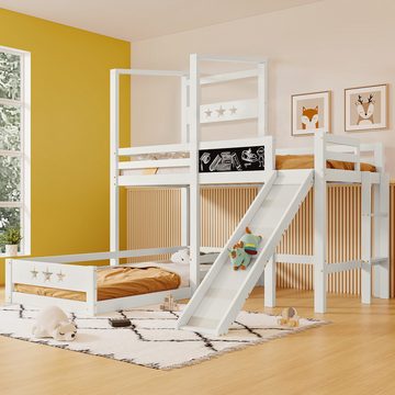 MODFU Kinderbett Etagenbett mit Tafel und Rutsche (Hochbett mit Leiter 90x200 cm, Hausbett), Massivholz
