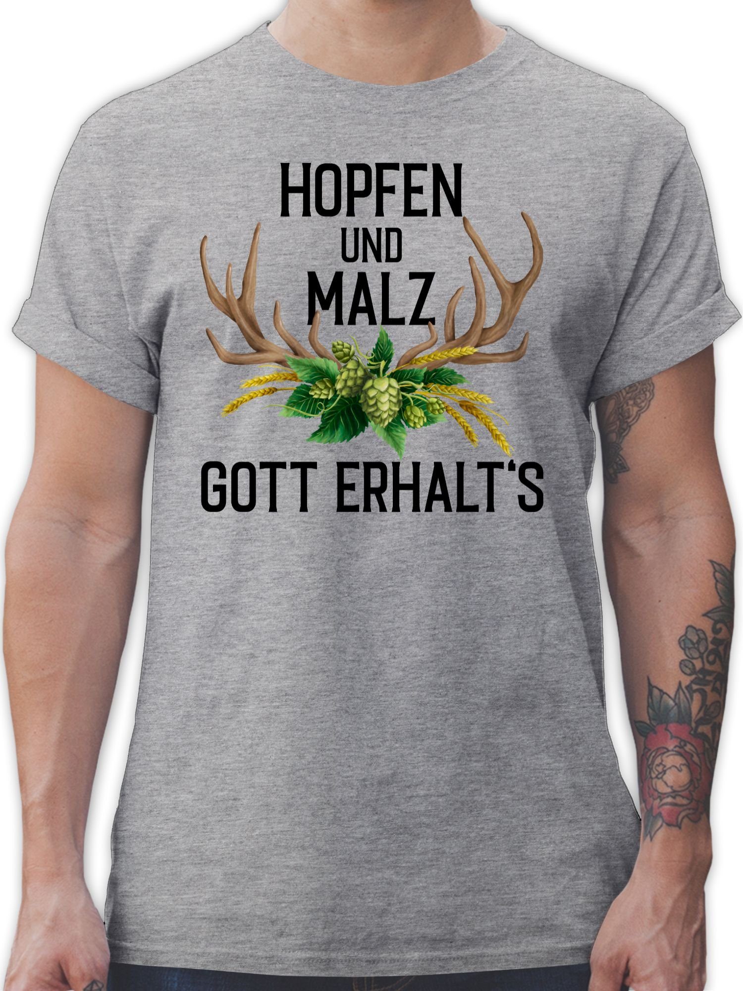 Shirtracer T-Shirt Hopfen und Malz Gott erhalt's - mit Geweih & Weizen Mode für Oktoberfest Herren 3 Grau meliert