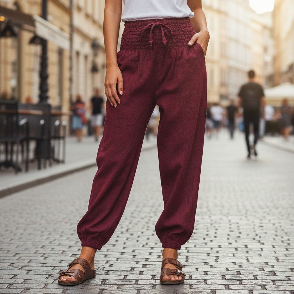 Guru-Shop Relaxhose Muckhose, Aladinhose mit breitem Bund - weinrot Ethno Style, alternative Bekleidung
