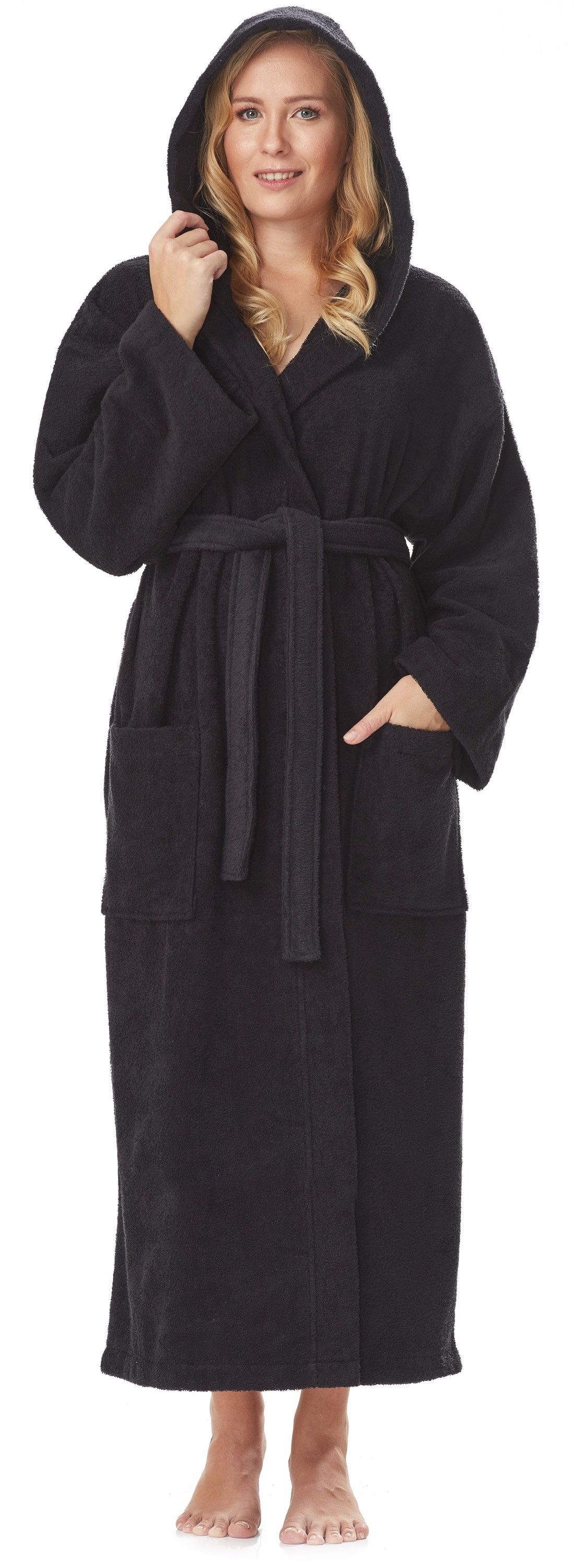 Arus Damenbademantel Astra, pflegeleicht, wadenlang oder extralang für Spa & Sauna, 100% Baumwolle, Kapuze, Gürtel, mit Kapuze, wadenlang oder extra lang, 100% Baumwolle