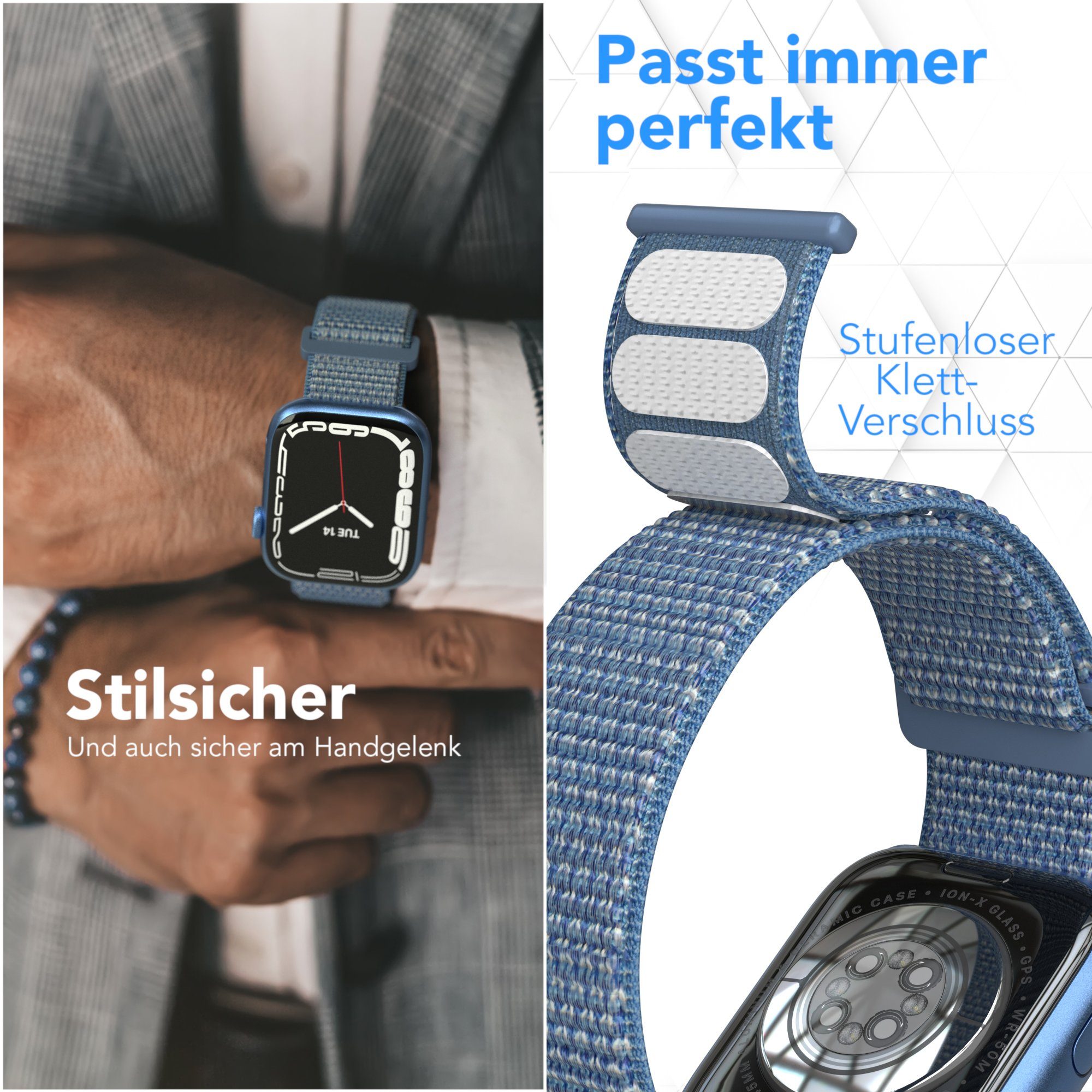 EAZY CASE Smartwatch-Armband Nylon für Apple Watch 11 10 9 8 7 6 5 4 3 2 SE Ultra, Nylon Sportarmband für Apple Watch 42-49mm Blau