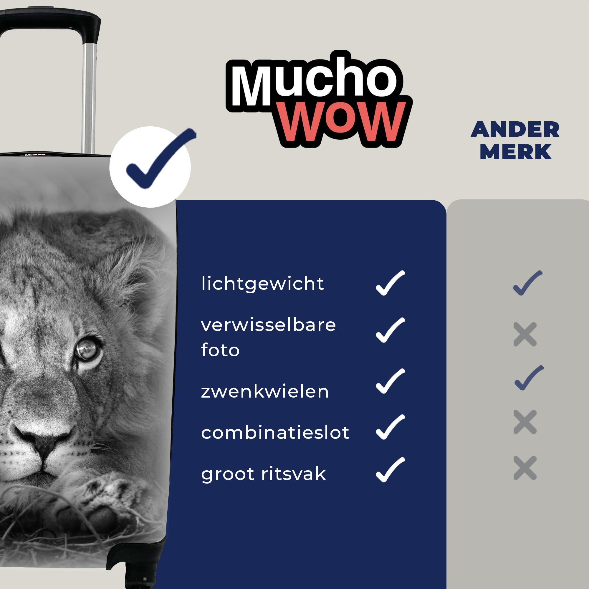 - - für Ferien, MuchoWow rollen, Rollen, Reisetasche Trolley, mit 4 - Wildtiere Löwe Schwarz Handgepäck Reisekoffer Handgepäckkoffer Natur Weiß, -