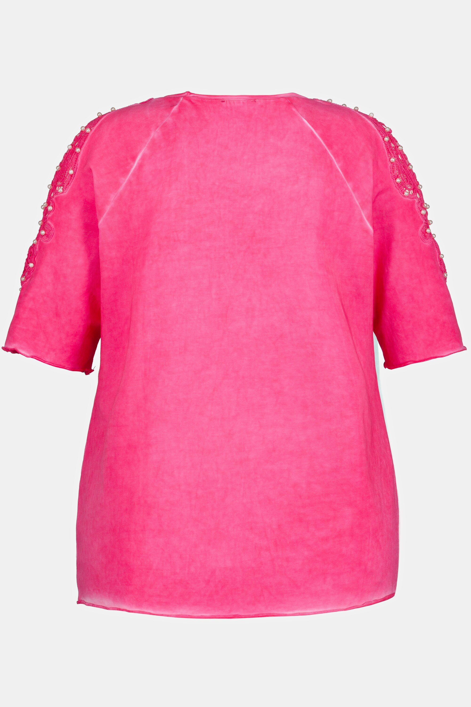 Ulla Popken Rundhalsshirt T-Shirt Perlen Spitze pink Schulterschlitze Halbarm