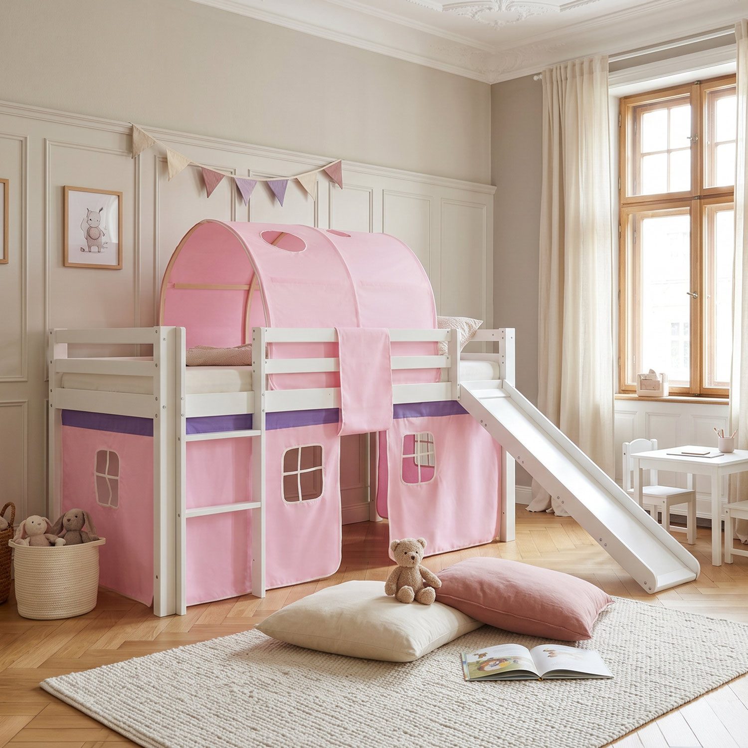 Homestyle4u Hochbett Kinder mit Rutsche mit / ohne Matratze 90x200 Rosa Mädchen (Set, mit Lattenrost, Rutsche und Tunnel) Kiefer, Jungen Mädchen Spielbett