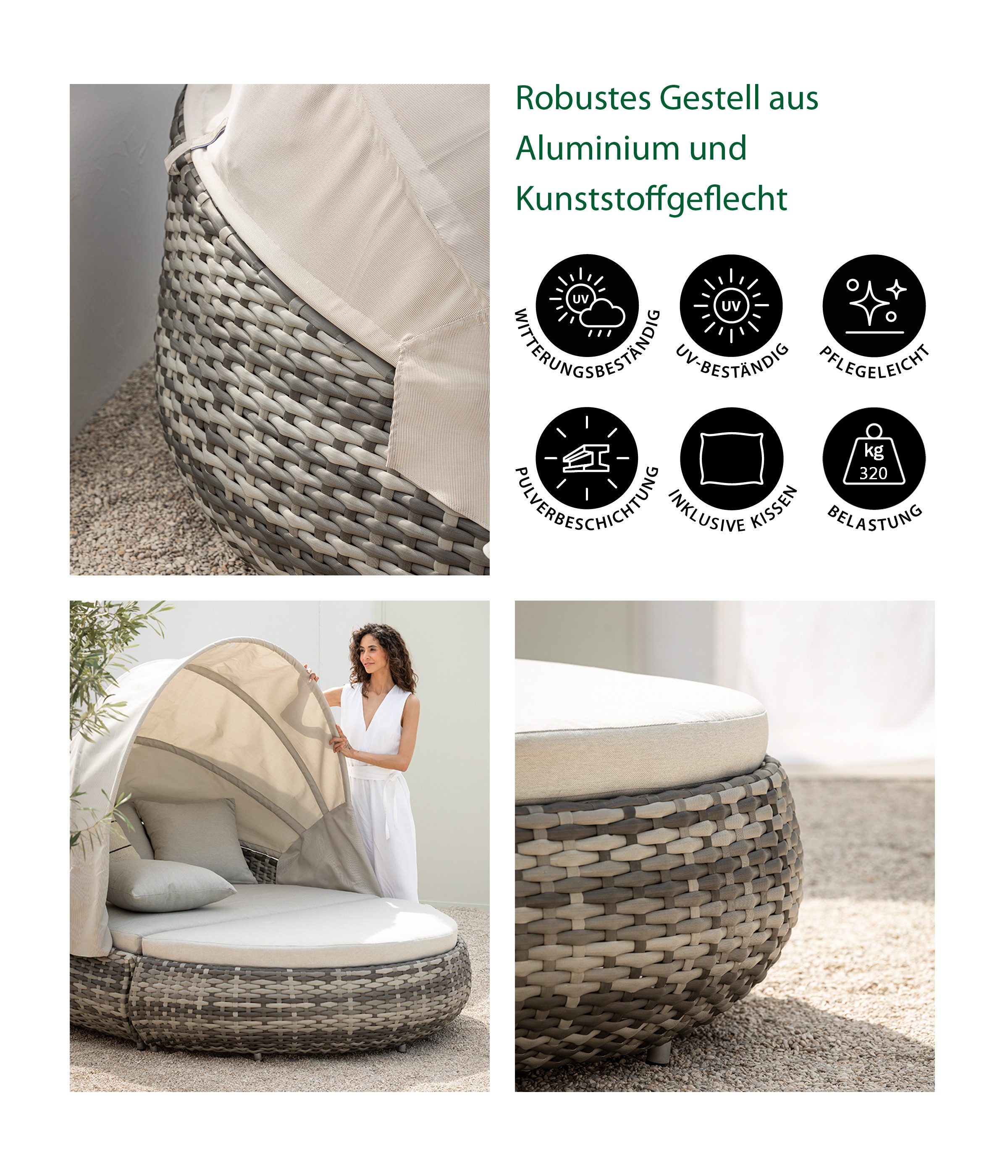Dehner Gartenlounge-Set Daybed Tulum, 179 x 163 x 220 cm (B/H/T), Liegefläche 146 x 179 cm, gemütliche Sonnenliege mit Faltdach und Polstern