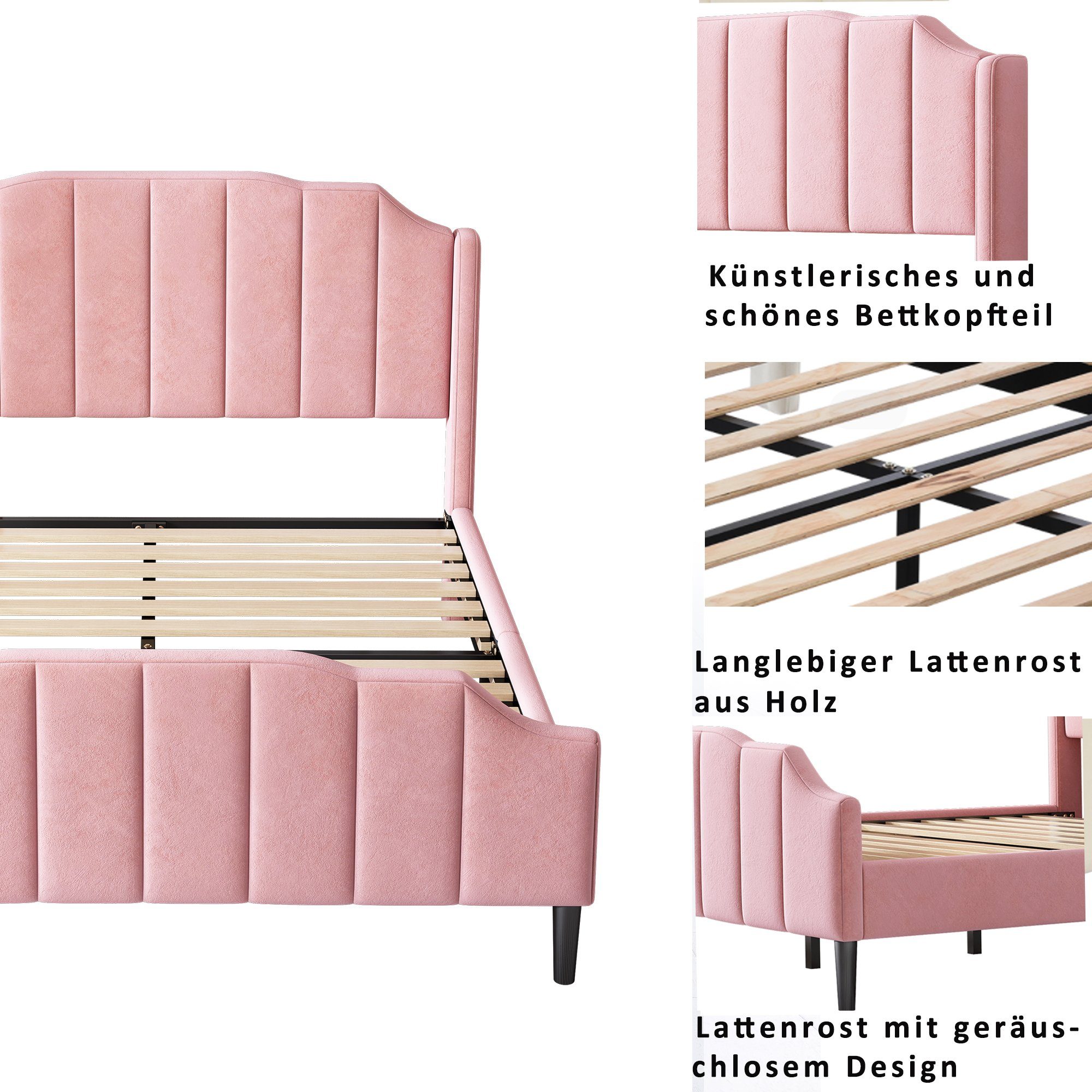 Samt Doppelbett Kinderbett Lattenrost 140x200cm Polsterbett, mit rosa Flieks