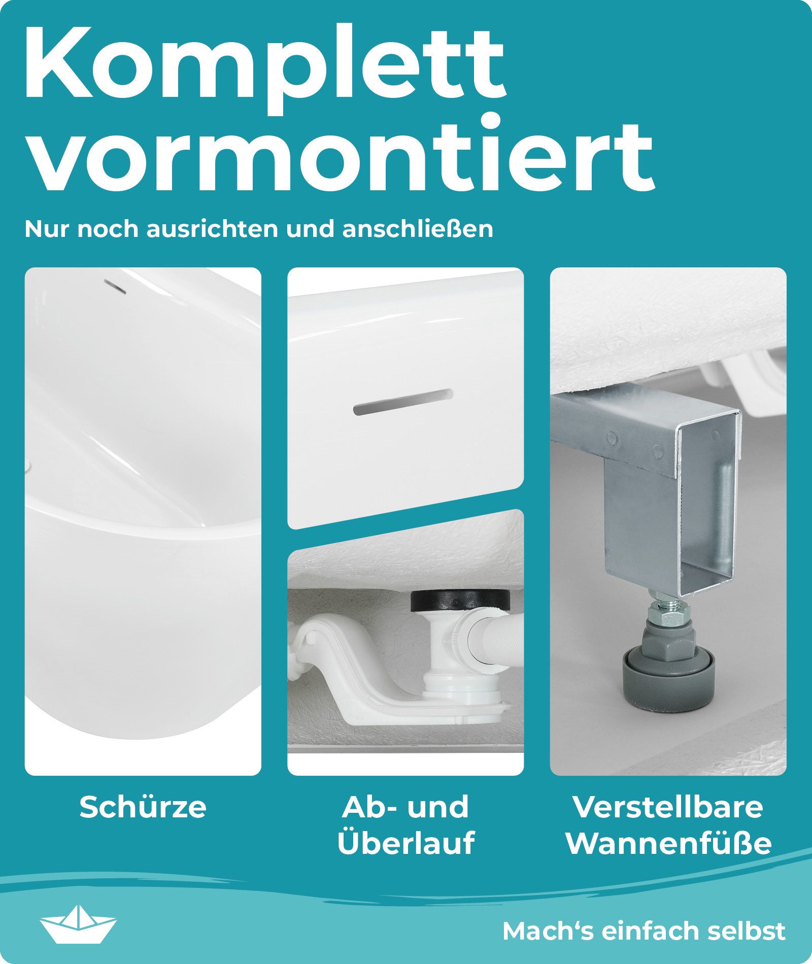 Calmwaters Badewanne Seamless Comfort, (Vorwand-Badewanne, 5-tlg), 180 x 80 cm, Fugenloses Komplettset, vormontiertes Zubehör, 02SL6222