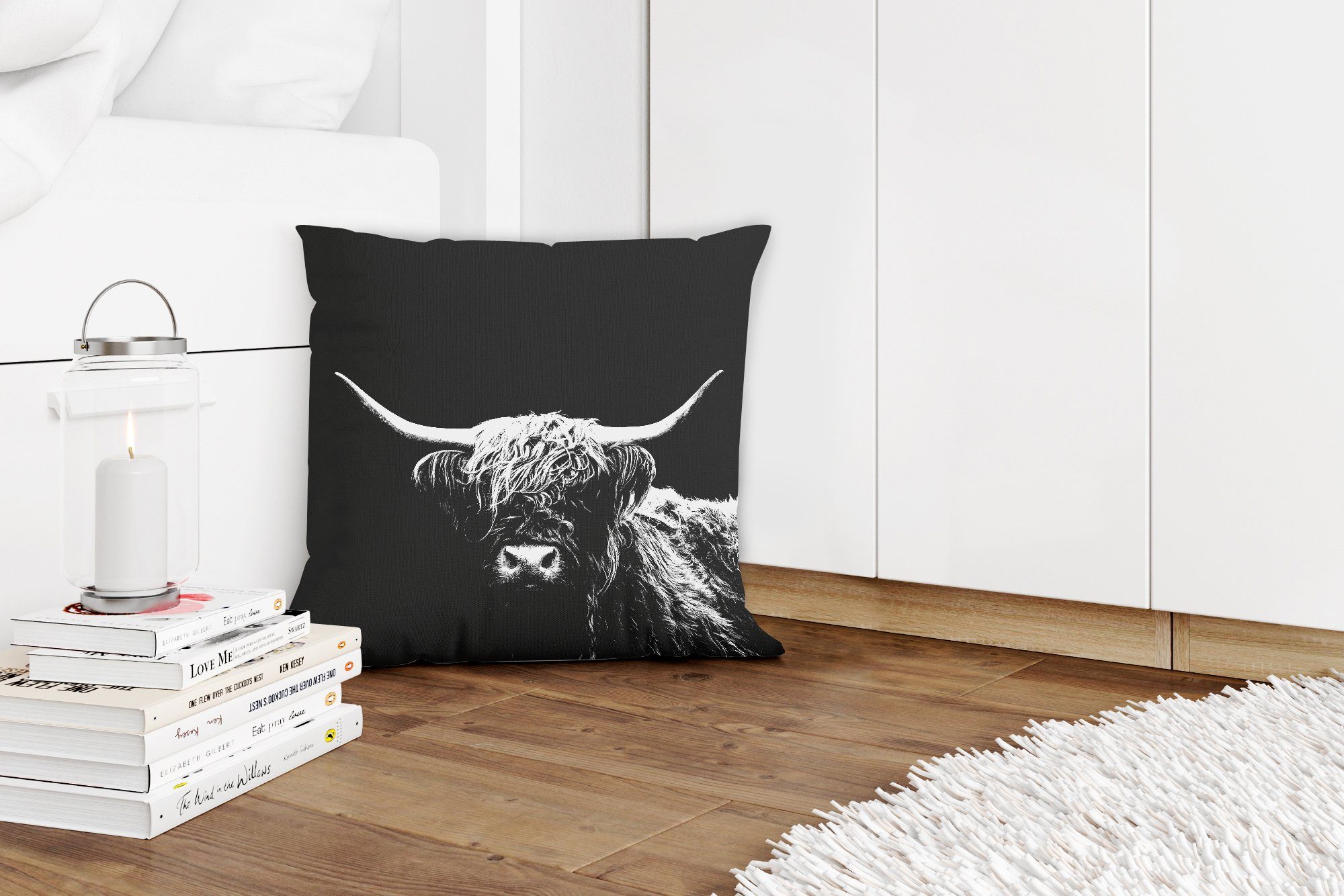 Schlafzimmer, Schottischer Highlander Weiß - Deko, Kuh - mit - Wohzimmer, für Tiere, - MuchoWow Dekokissen Füllung Schwarz Sofakissen Zierkissen