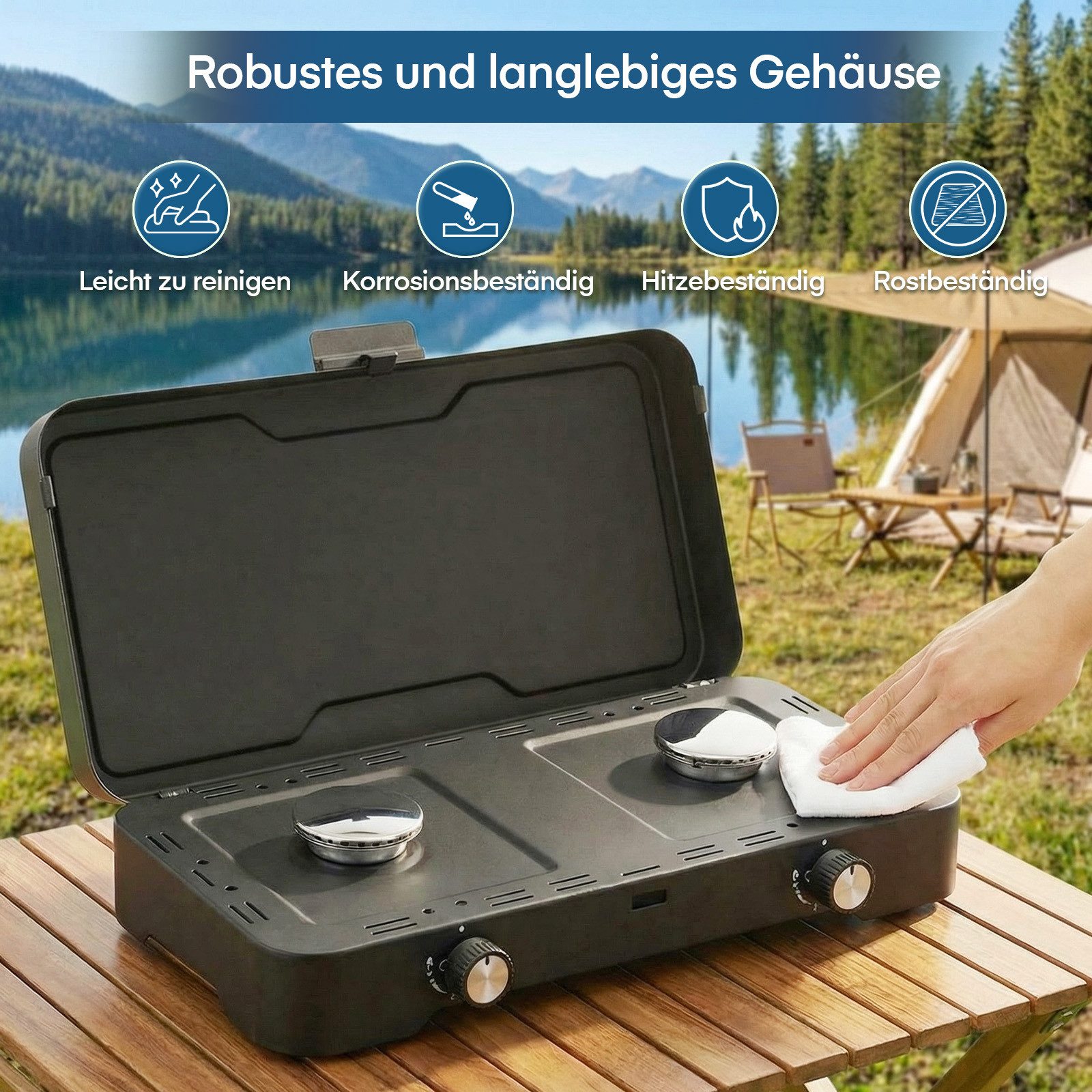 FOHERE Gaskocher Campingkocher, 2-flammiger Propangaskocher, tragbarer Tischkocher, (1-St)