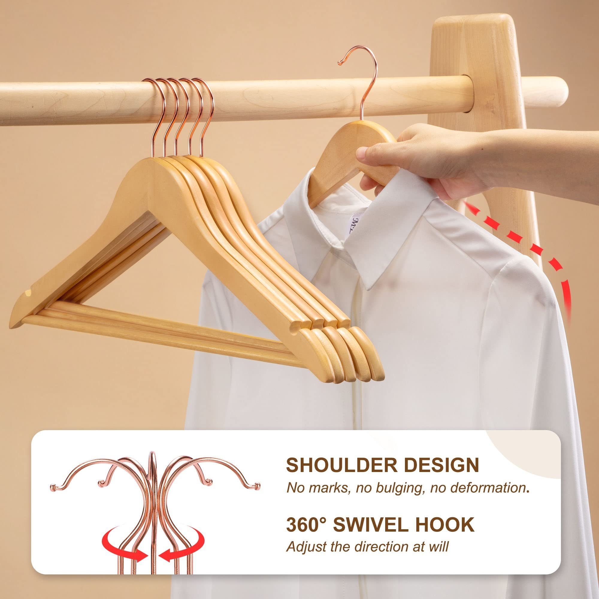 House Day Kleiderbügel Holz für Anzüge, rutschfest, (20-tlg), Kleiderbügel Holz mit 360° drehbarer Haken in Roségold