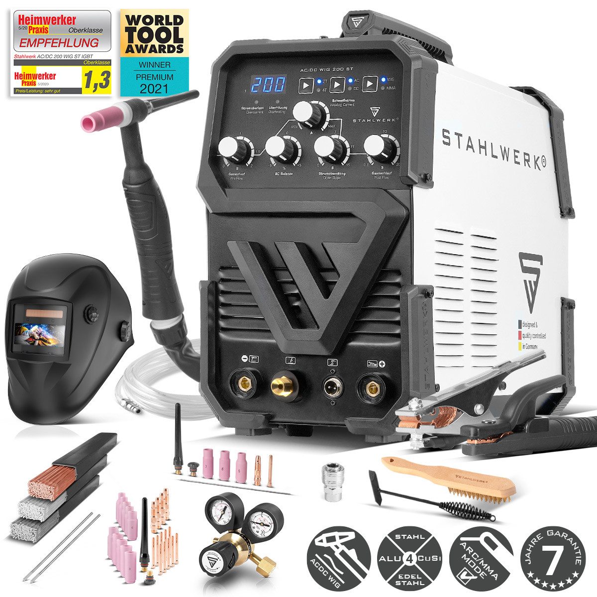 STAHLWERK Inverterschweißgerät AC/DC WIG 200 ST IGBT mit ARC MMA Vollausstattung, 30 - 200 A, Packung}, 13-tlg., Vollausstattung, Kombi-Schweißgerät mit 200 Ampere für WIG & ARC MMA