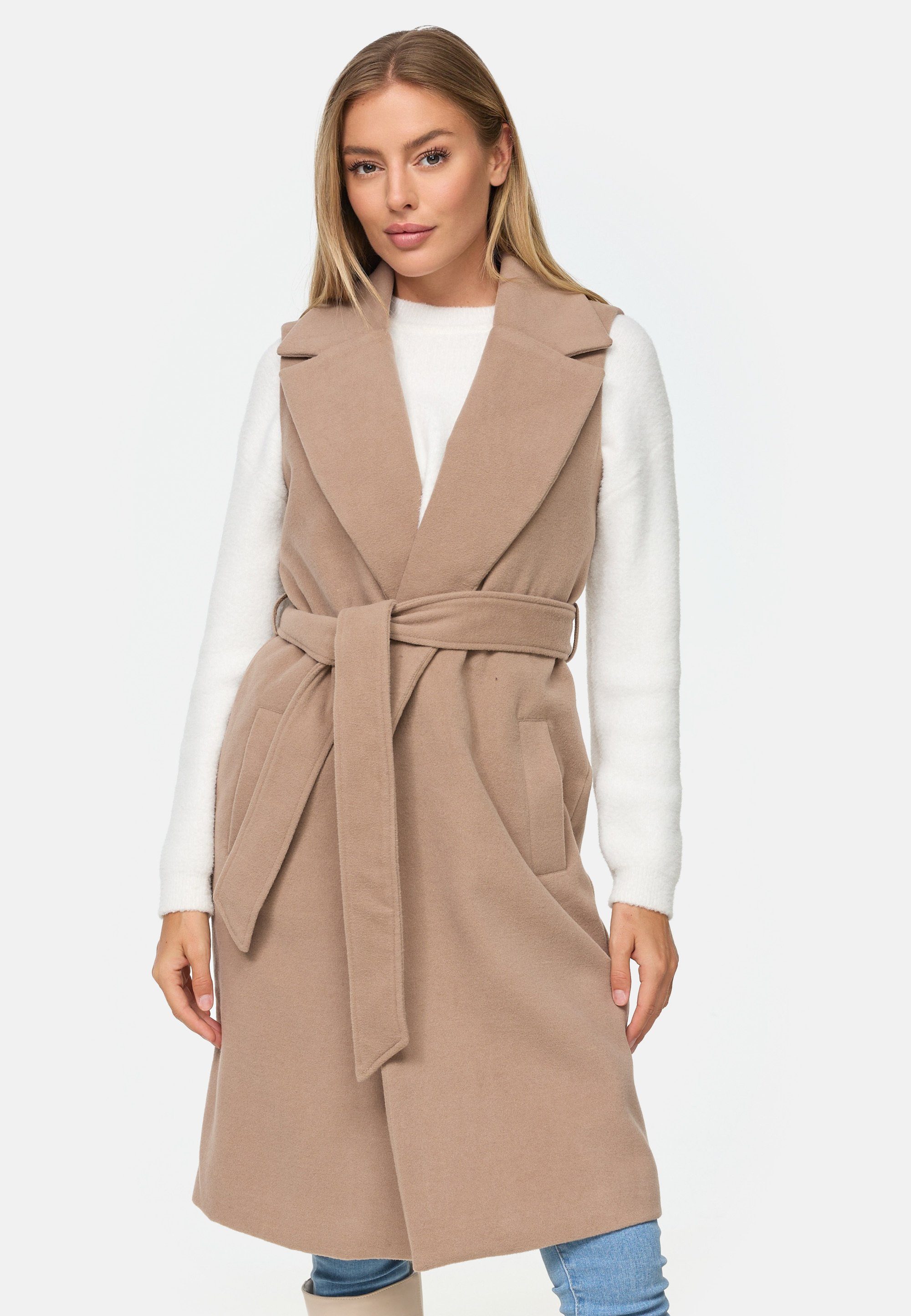 Threadbare Longweste THB Suhail belted formall Coat Stone- grau