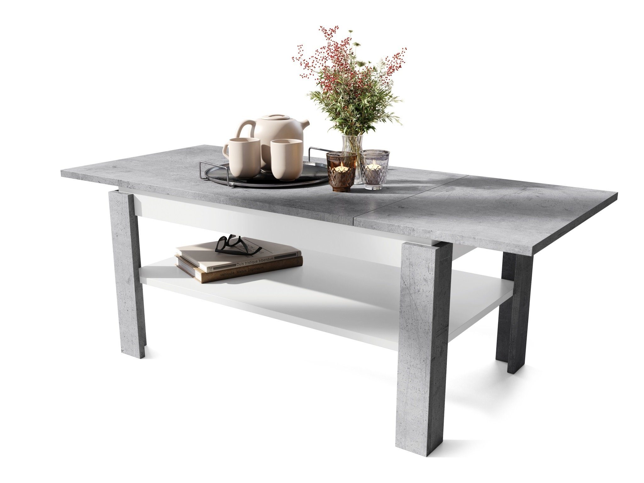 Beton Esstisch matt Couchtisch designimpex Weiß / Ablagefläche Couchtisch Tisch Design mit Asti-R ausziehbar