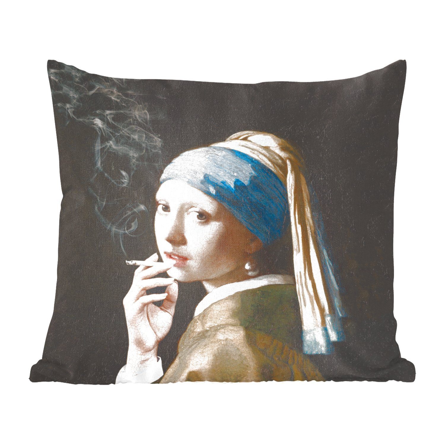 MuchoWow Dekokissen Das Mädchen mit dem Perlenohrring - Vermeer - Rauchen, Zierkissen mit Füllung für Wohzimmer, Schlafzimmer, Deko, Sofakissen