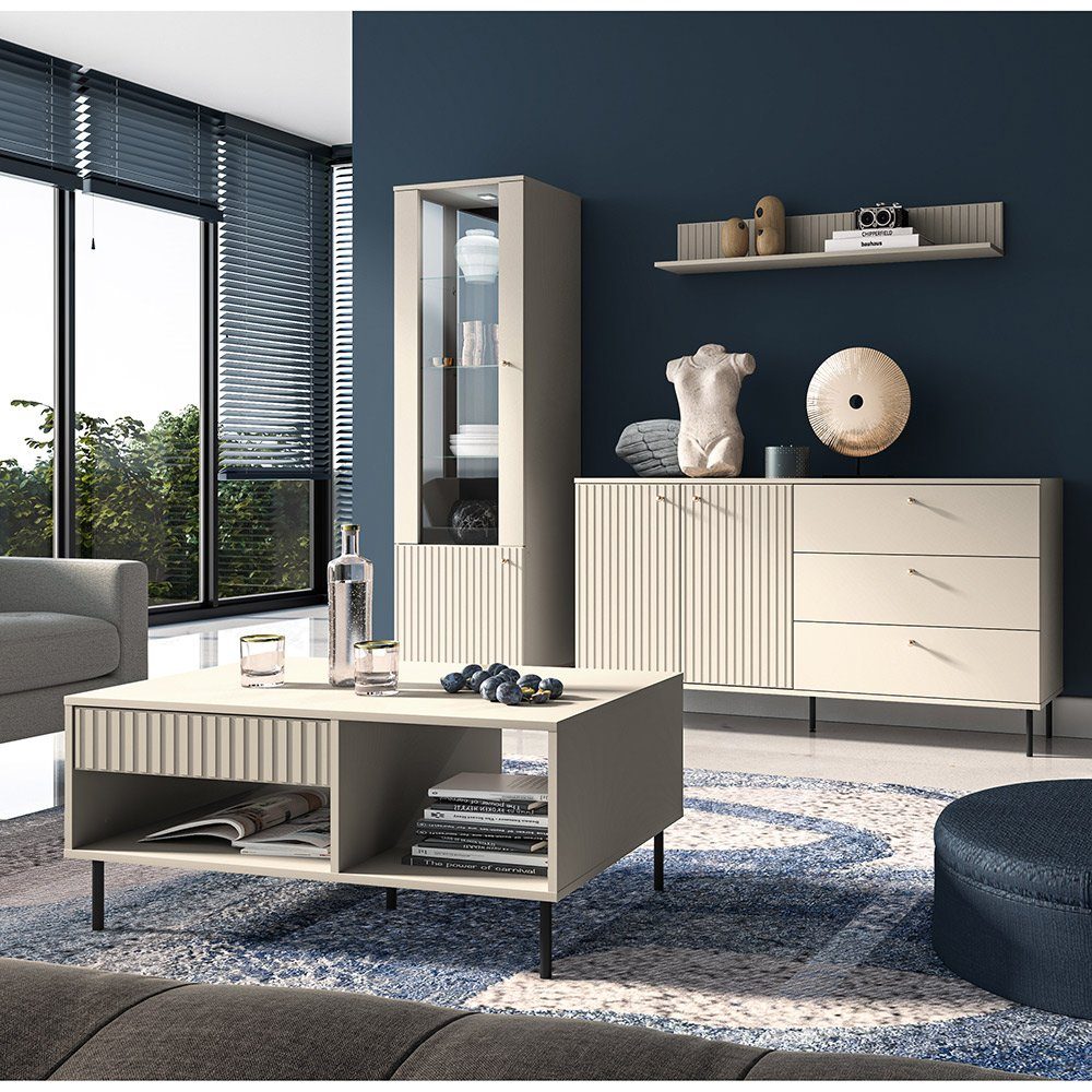 Lomadox Wohnzimmer-Set SALOU-131, (Mega-Spar-Set, 4-St., 4-tlg), in kaschmir matt, mit gerillter Optik und Glastür inkl. Couchtisch