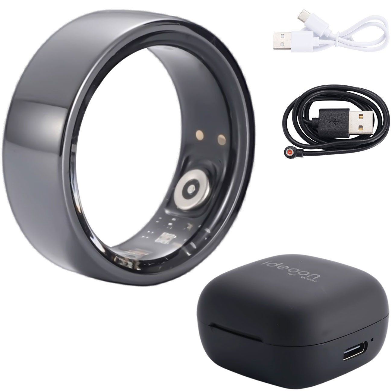 shop'n smile ideoon Smart Ring Smart-Ring Keramik Fitness & Schlaf-Tracker IP68 60/63/65cm, Keramik-Tracker mit 24 Sportmodi, Vital-Analyse & 200mAh Ladebox