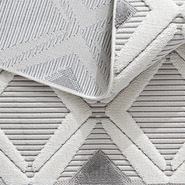 Teppich Wohnzimmer 3D Hochflor Kurzflor Abtrakt, Mynes Home, rechteckig, Geometrisch, Grau, Creme, Weiß