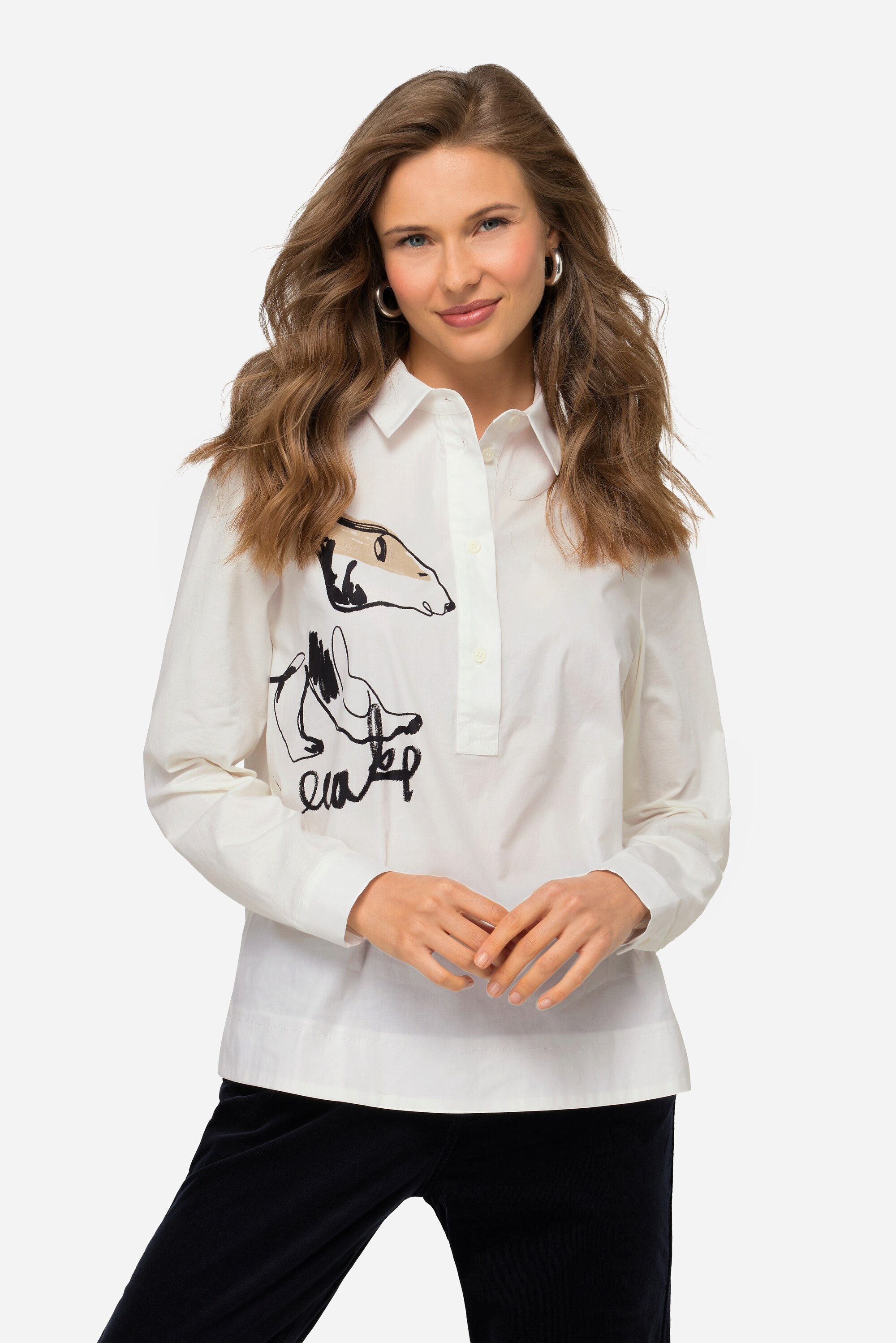 Satinbluse Bluse Materialmix Eisbär-Motiv Kragen Langarm