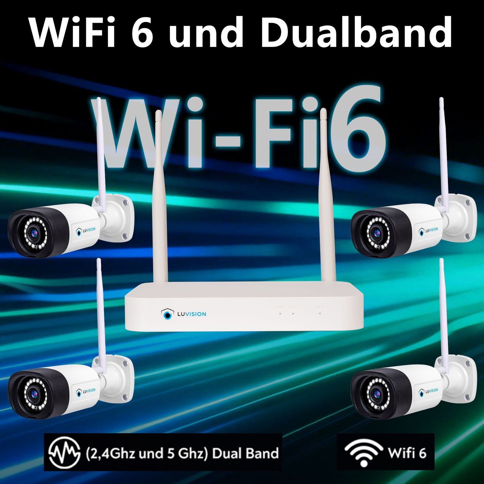 LUVISION Überwachungskamera (Außen- und Innenbereich, 4-tlg., WLAN Funk Überwachungssystem 4 x IP Überwachungskamera Mikrofon, Cloud, Audio, 10 Kanal NVR, Smarte farbige Nachtsicht)