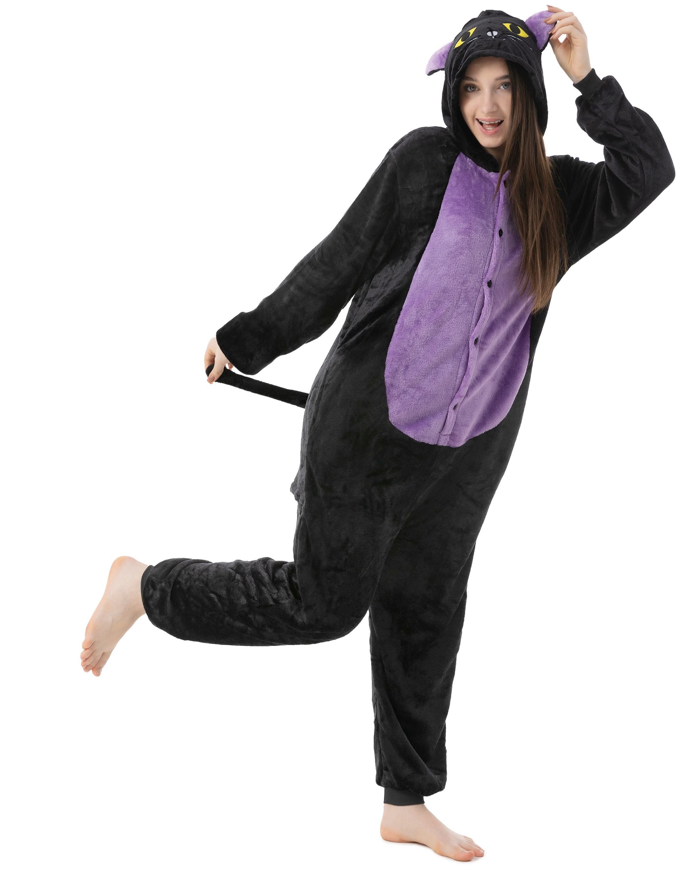 Katara Partyanzug Bauernhoftiere Jumpsuit Kostüm für Erwachsene S-XL, Karneval - Kostüm, Kigurumi - Katze schwarz-lila XL (175-185cm)