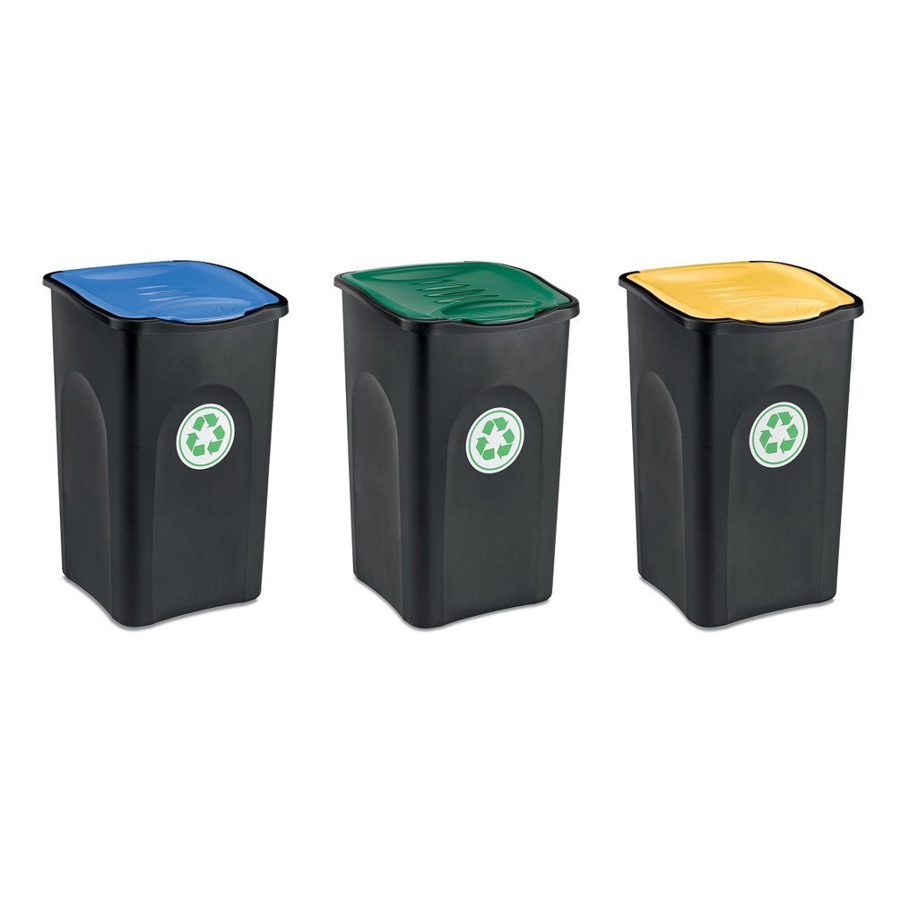 Kreher Mülltrennsystem Set: 3 x Abfalleimer 50 Liter in Blau, Grün und Gelb, 3 x 50 Liter