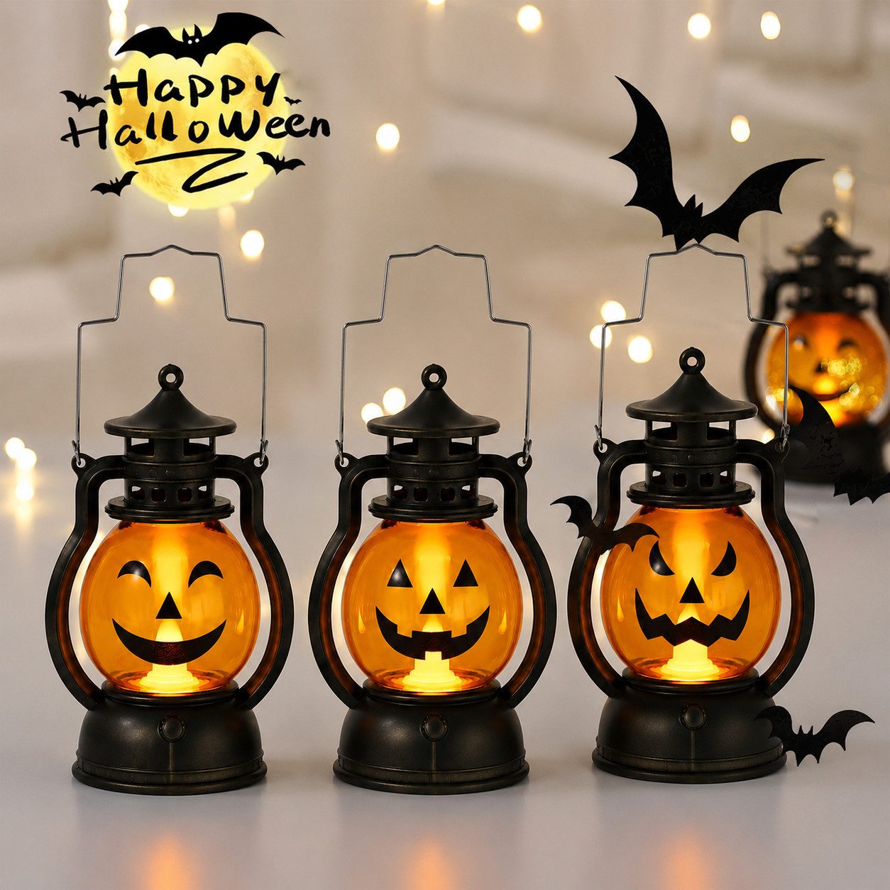 nsihing LED Laterne Halloween Kürbislaternen 3er Set mit LED, Tragbare Kürbislaternen, Batteriebetrieben für Innen, Außen, Party & Halloween Deko