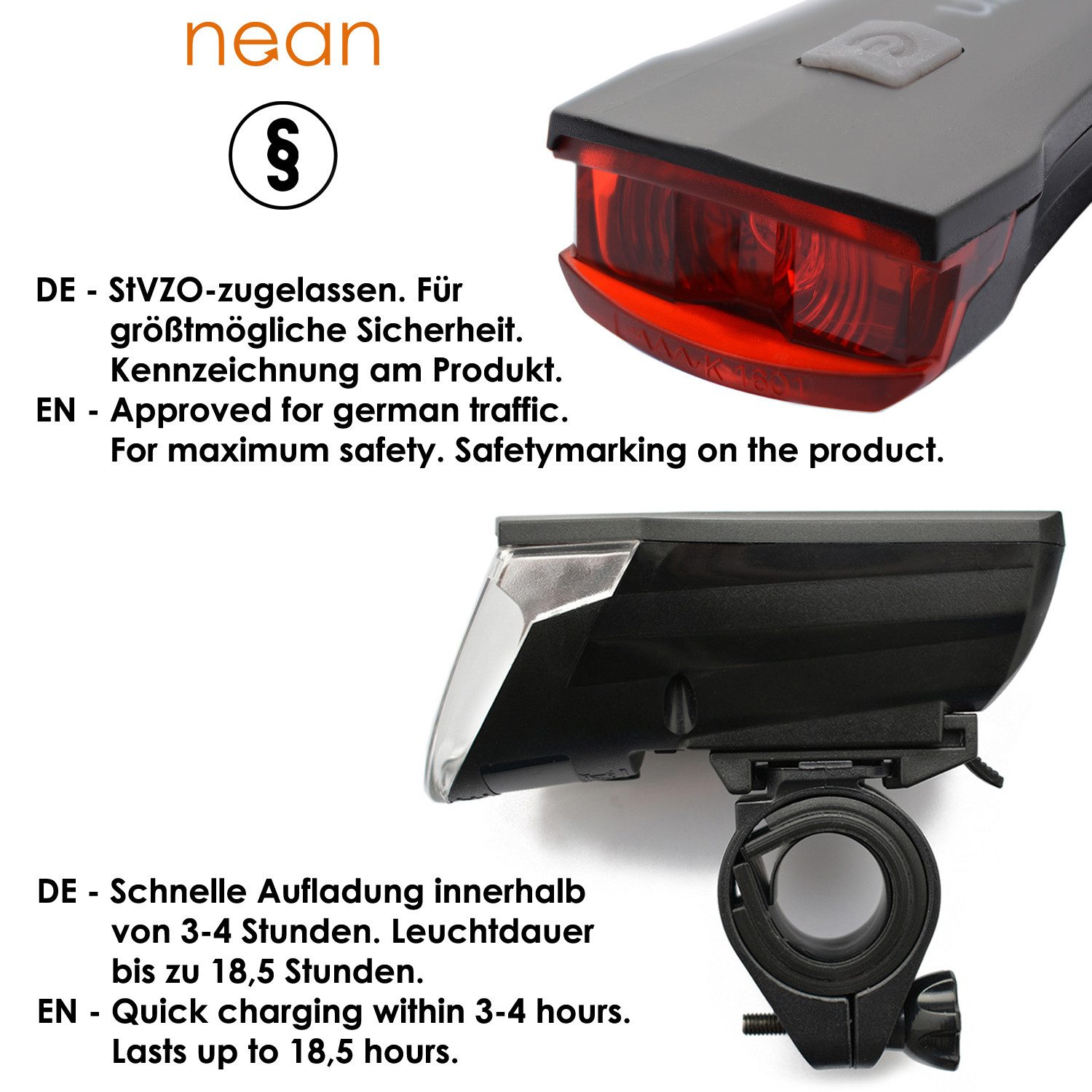 nean Fahrradbeleuchtung Set mit Akku, Lichtautomatik und Bremsleuchte, 60 LUX 6 Candela, mit 3 Helligkeitsstufen und USB-Ladebuchsen, abnehmbar, StVZO