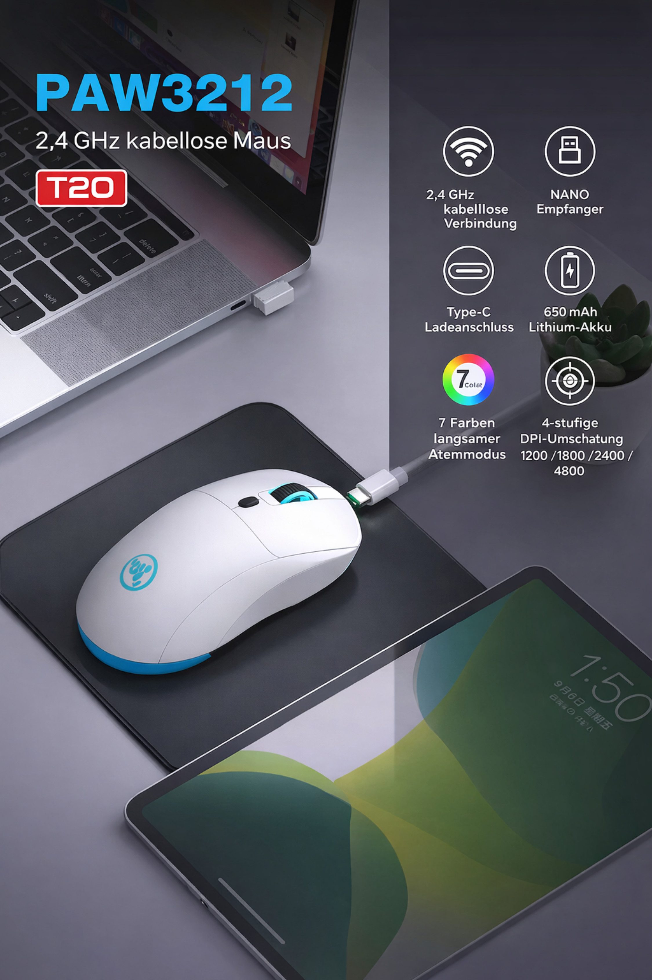 RUHE Gaming Maus RGB Kabellos Wireless Büro Laut Beleuchtung Plug & Play Maus (Funk, 2.5G, USB-Dongel, Kabelgebundene Aufladung, Drahtlos, Optische Maus, Ergonomisch, 4800 dpi, Einstellbar DPI Schwarz Weiß 6 Tasten 10M für Laptop/PC/Mac/Computer)