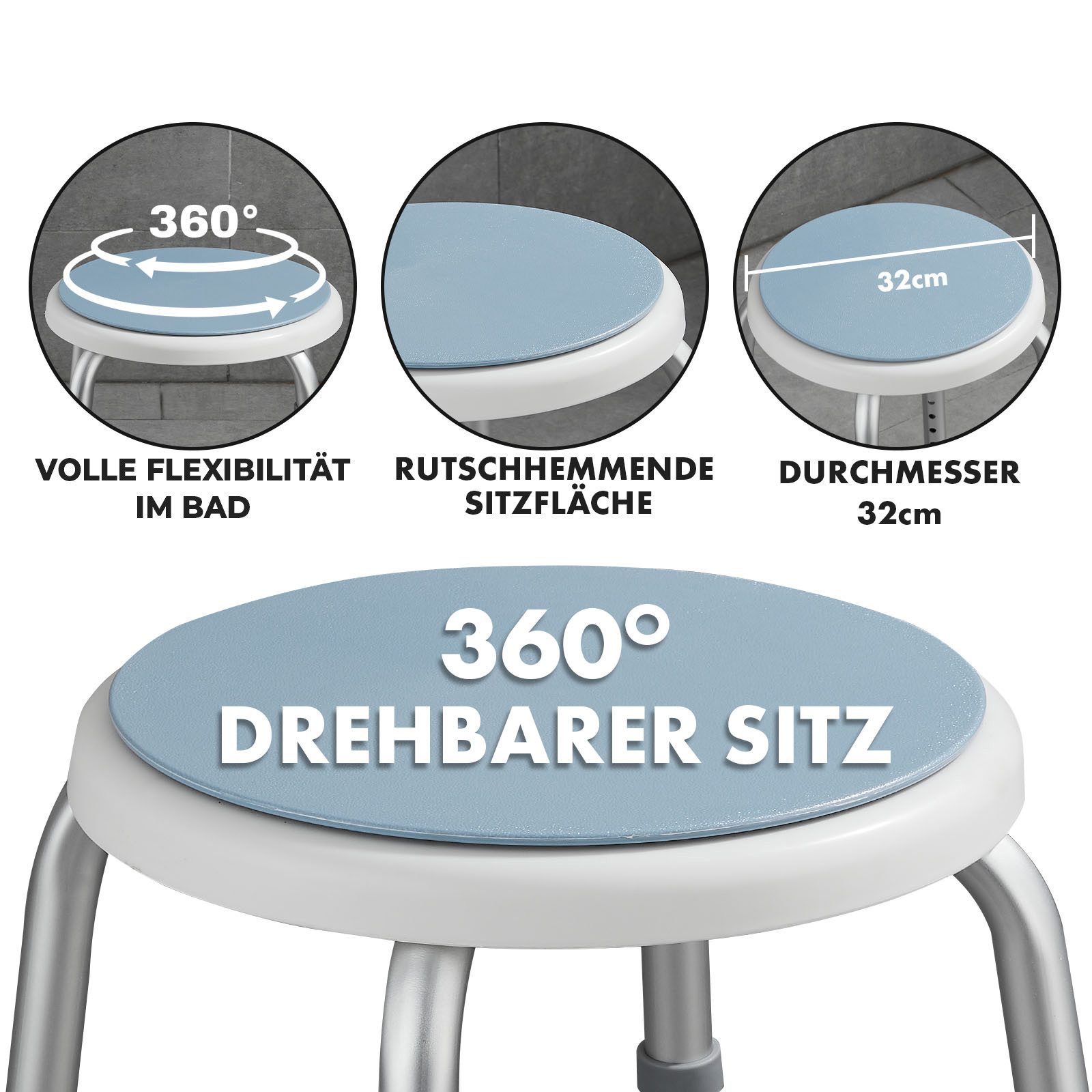 Kubus Duschhocker Anton, Um 360 Grad drehbar, Höhenverstellbar, Belastbar bis 150kg
