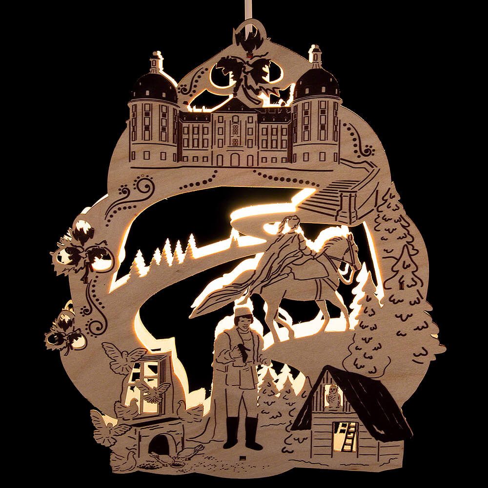 Erzgebirge-Palast Schwibbogen Fensterbild "Drei Haselnüsse für Aschenbrödel" (30,5cm) von Saico Seif