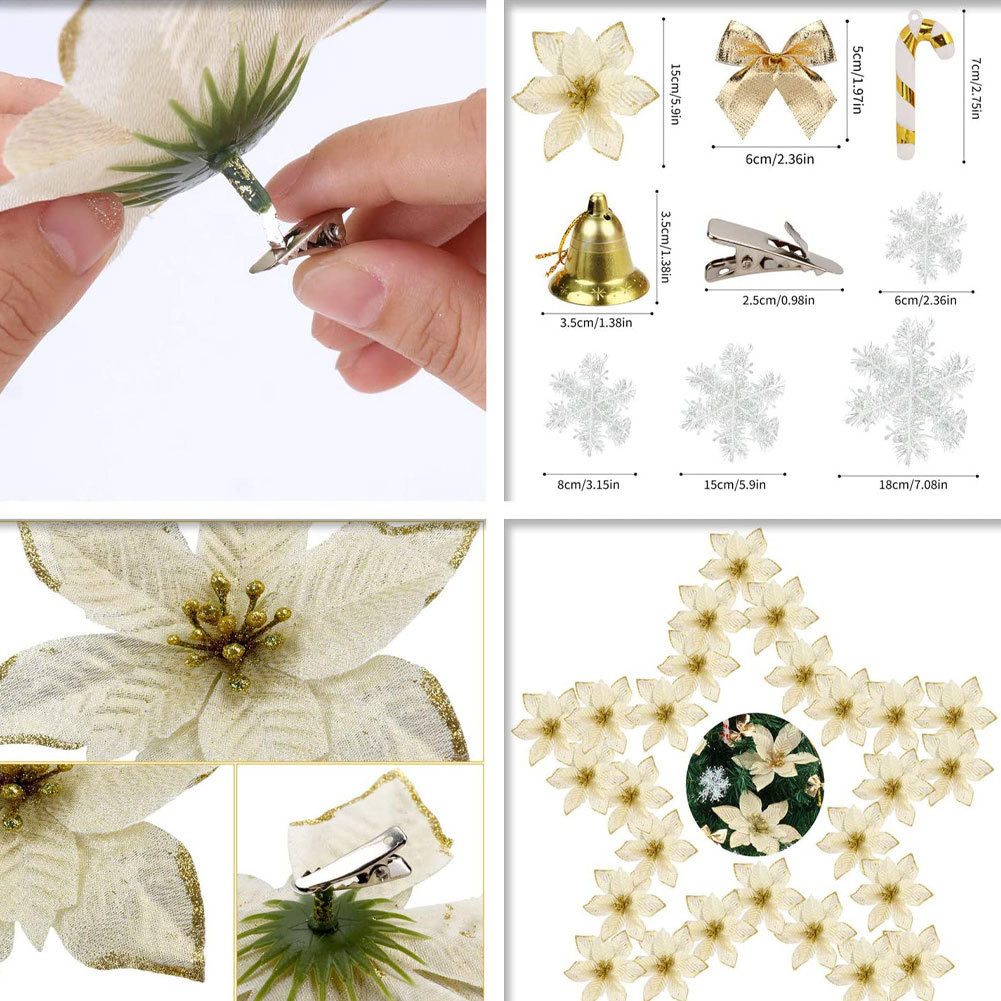 Coonoor Christbaumschmuck 120 Stück Weihnachtsbaum Künstliche Blumen set, für die Weihnachtsbaumdekoration